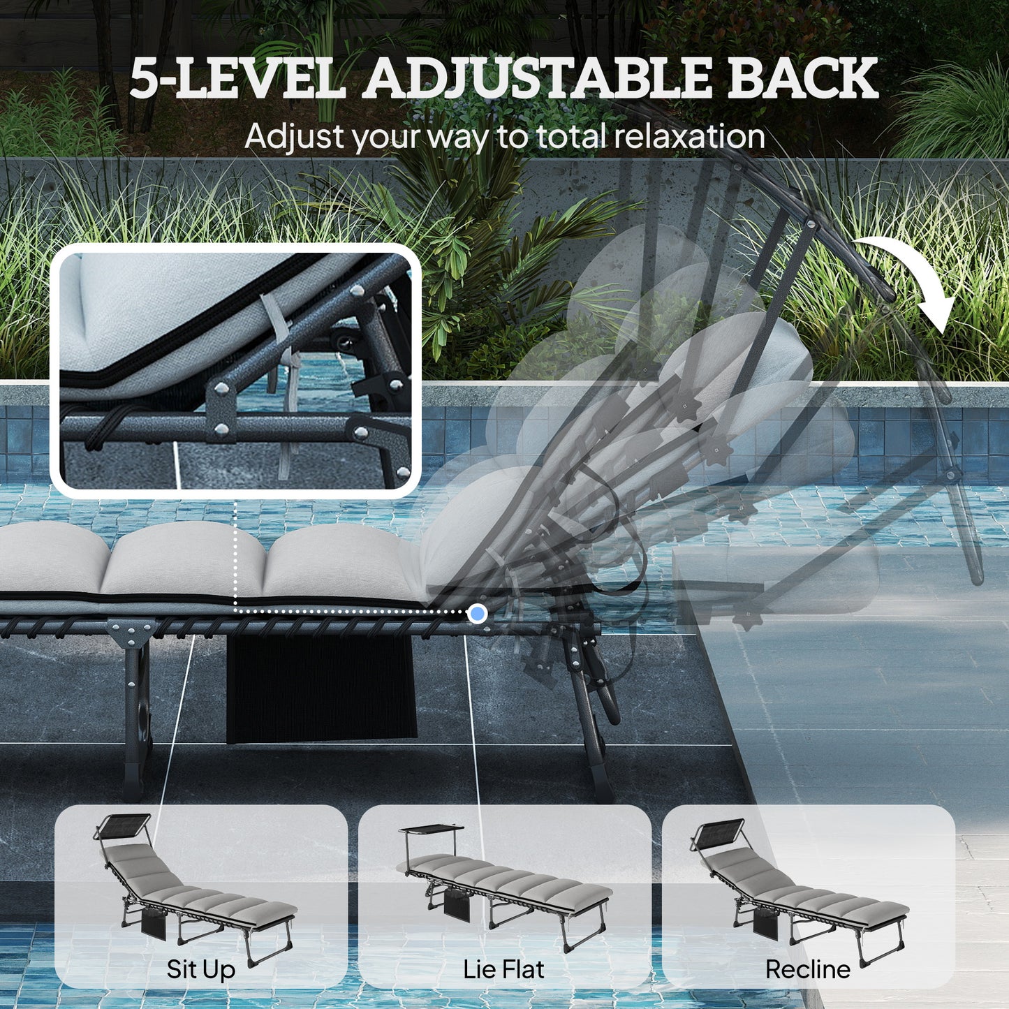 Outsunny Folding Sun Lounger With Canopy, Reclining Sunbed With Cushion And Side Pocket, Carrying Handle, Light Grey