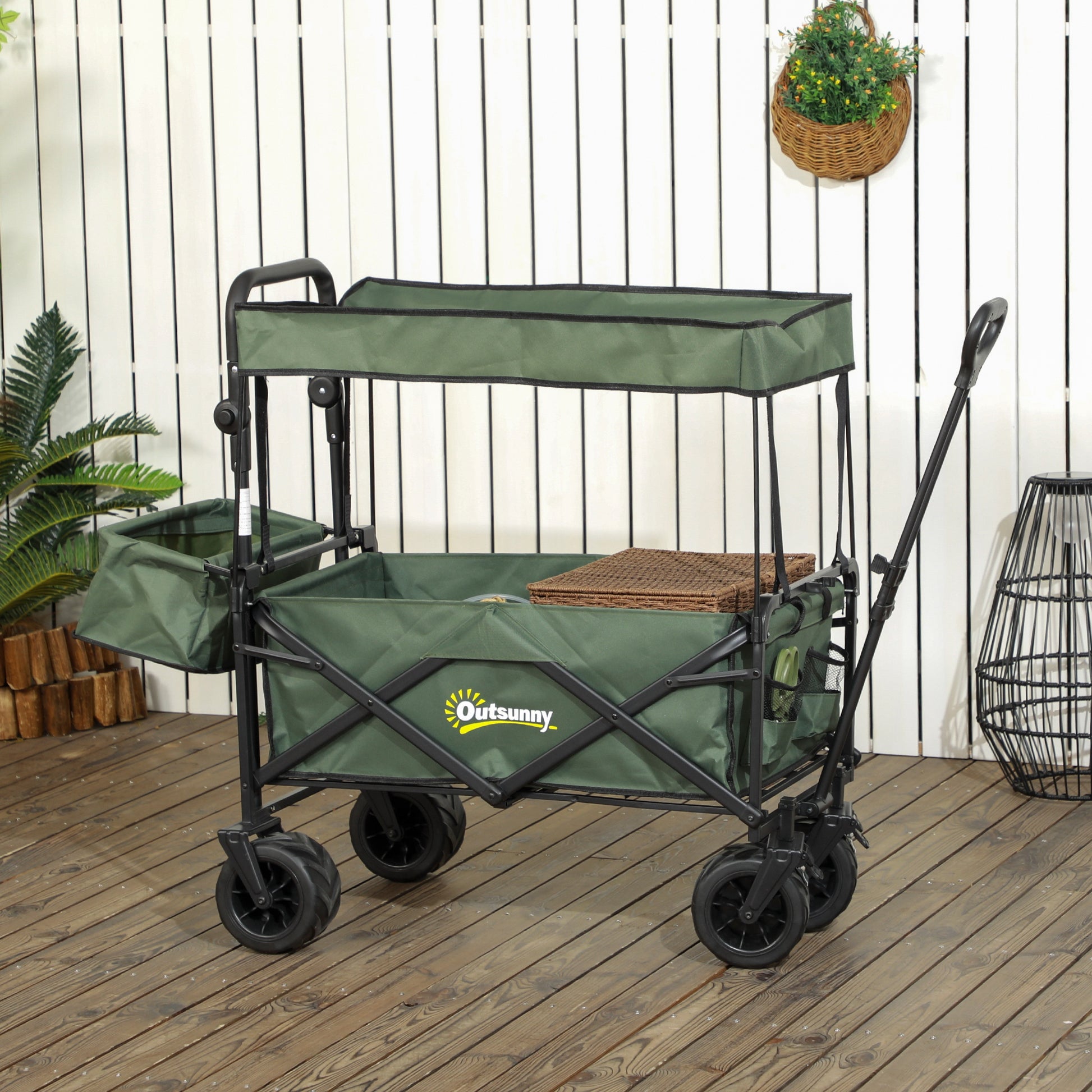 Outsunny Multipurpose Folding Beach Trolley Cart with Canopy and 4 Wheels for Easy Transport - Green - ALL4U RETAILER LTD