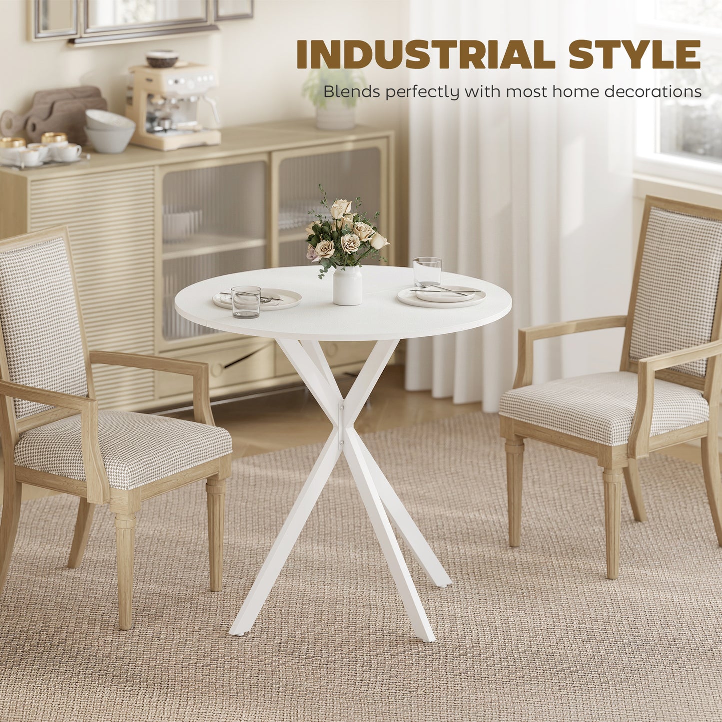 HOMCOM 80cm Industrial Round Dining Table White With X Shaped Legs Seating Four Kitchen