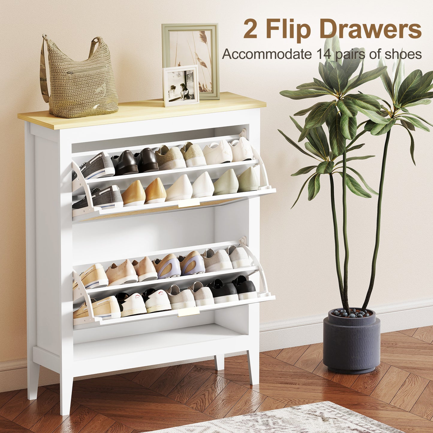 HOMCOM Narrow Boho Rattan Style Shoe Cabinet With 2 Flip Drawers Holds 14 Pairs White