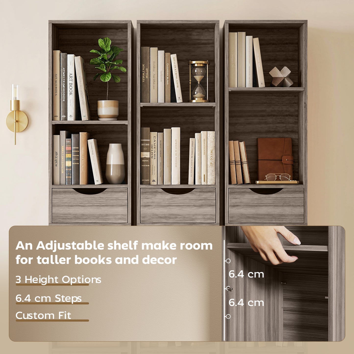 HOMCOM 158 Cm Grey Bookcase With Two Drawers And Cabinet Adjustable Shelves Open Storage For Living Room Or Office