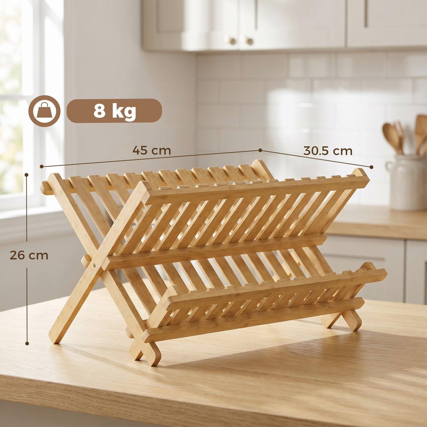 HOMCOM 2 Tier Foldable Bamboo Kitchen Storage Rack With Slatted Drying Shelves Natural Wood Finish