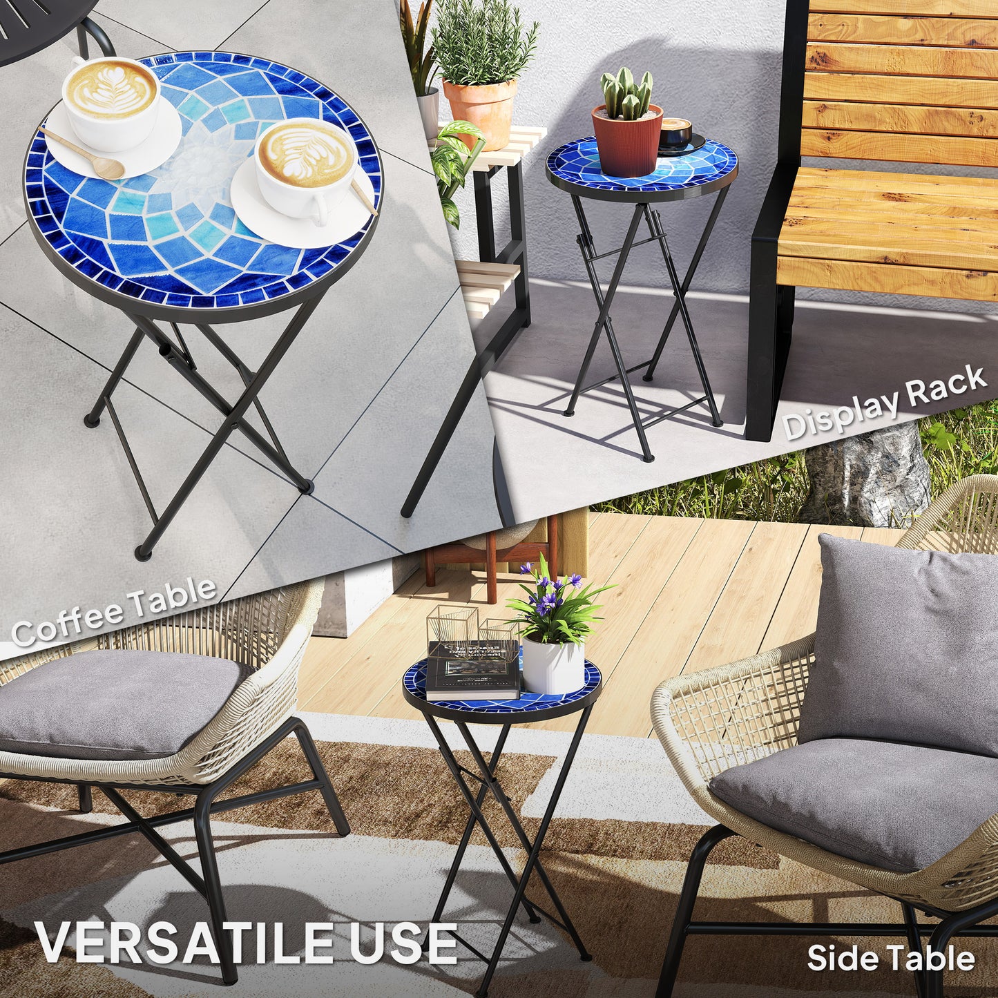 Outsunny Mosaic Outdoor Garden Table 35.5cm Round Folding Coffee Table With Metal Frame For Balcony Terrace Navy Blue