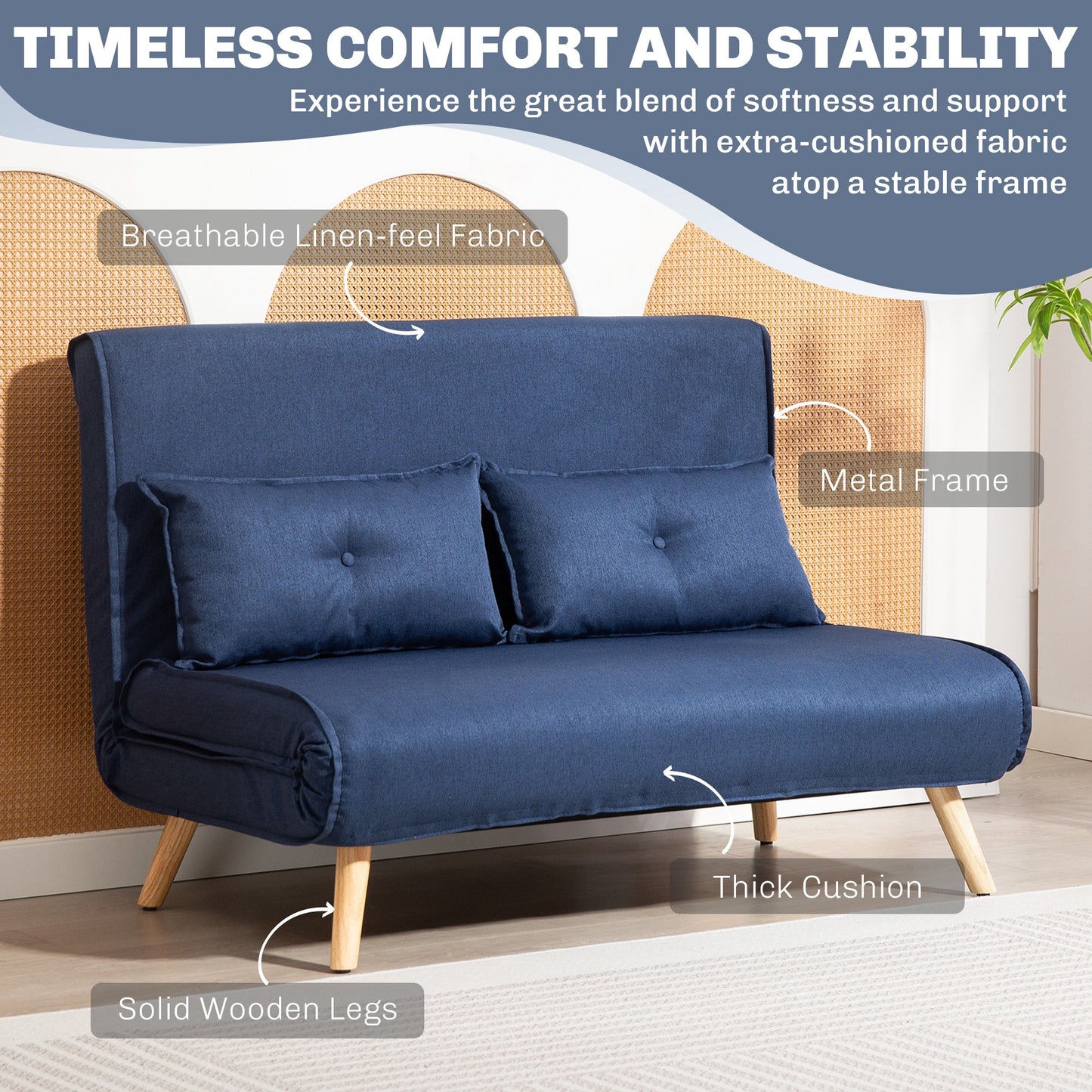 HOMCOM Two Seater Linen Look Sofa Bed Dark Blue With Click Clack Mechanism For Day And Night Comfort