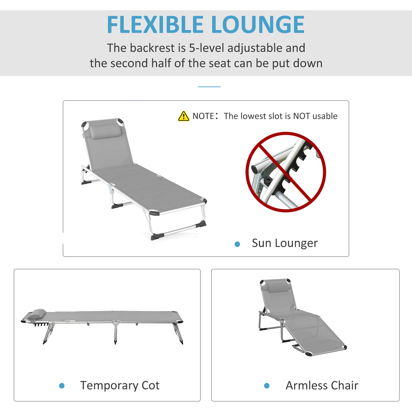 Outsunny Foldable Outdoor Sun Lounger Set Of 2 With Pillow 4 Level Adjustable Back Aluminium Frame Light Grey