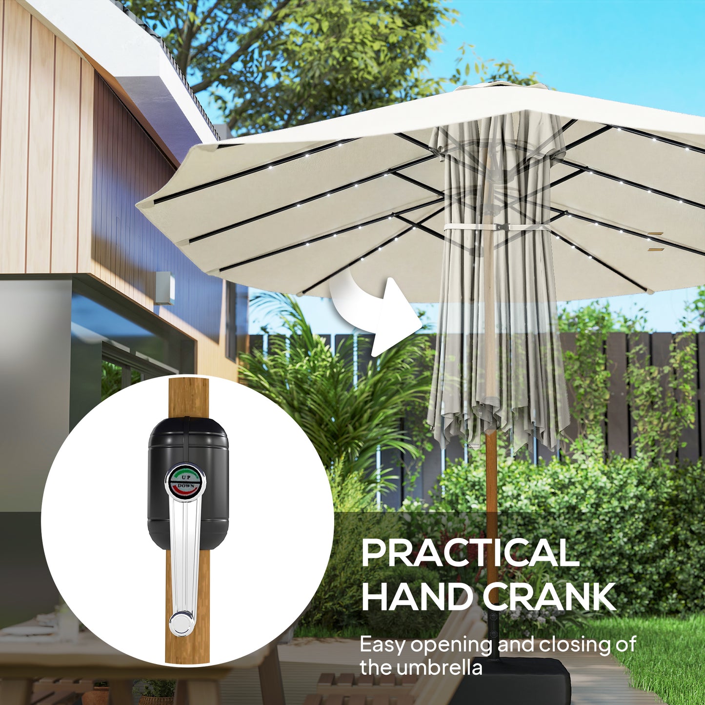 Outsunny Double Sided Garden Parasol With Crank Handle Base Included And 48 Solar LED Lights 4.6m Cream Patio Umbrella