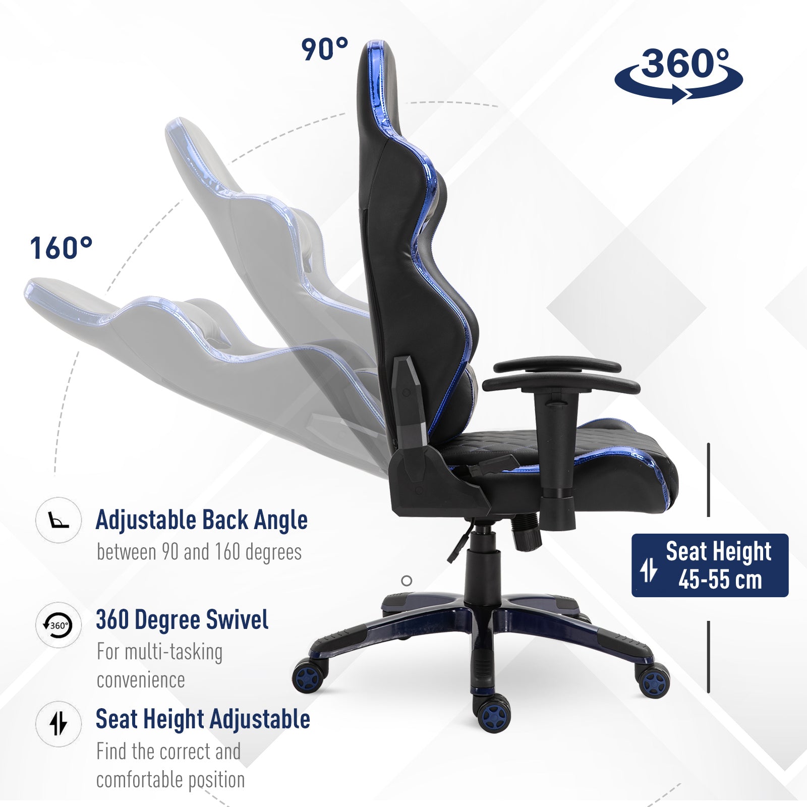 Vinsetto Black & Blue Holographic Gaming Chair - Ergonomic PU Leather Racing Seat with 360° Swivel, Adjustable Features, and Back Support Pillows - ALL4U RETAILER LTD