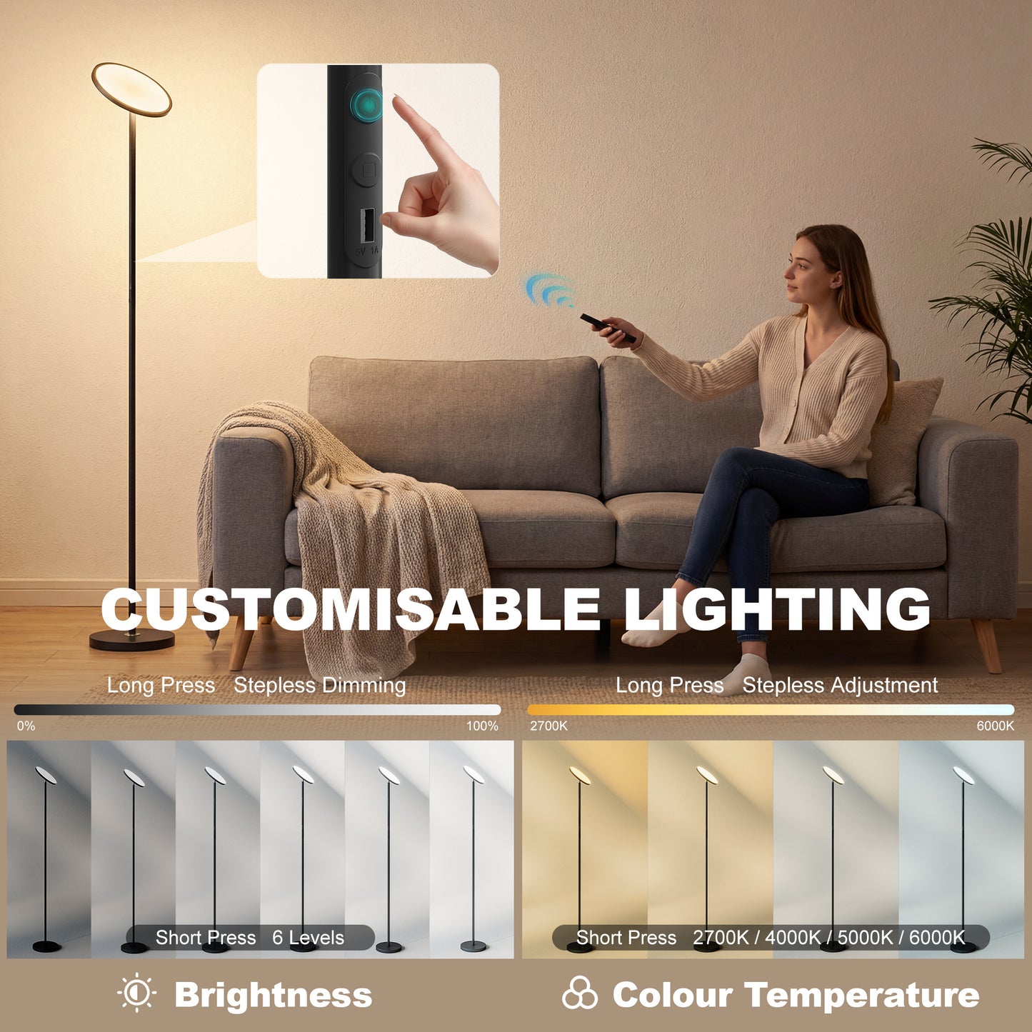 HOMCOM Uplighter Floor Lamp With Tuya App And Music Sync, Adjustable Head For Living Room And Bedroom, Black