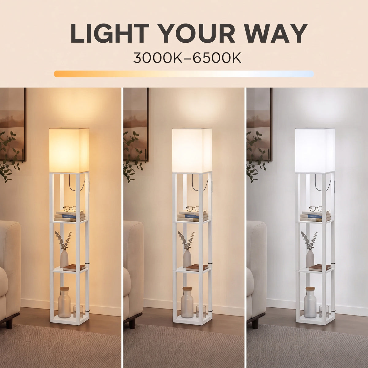 White floor lamp with three open shelves showing different light color temperatures