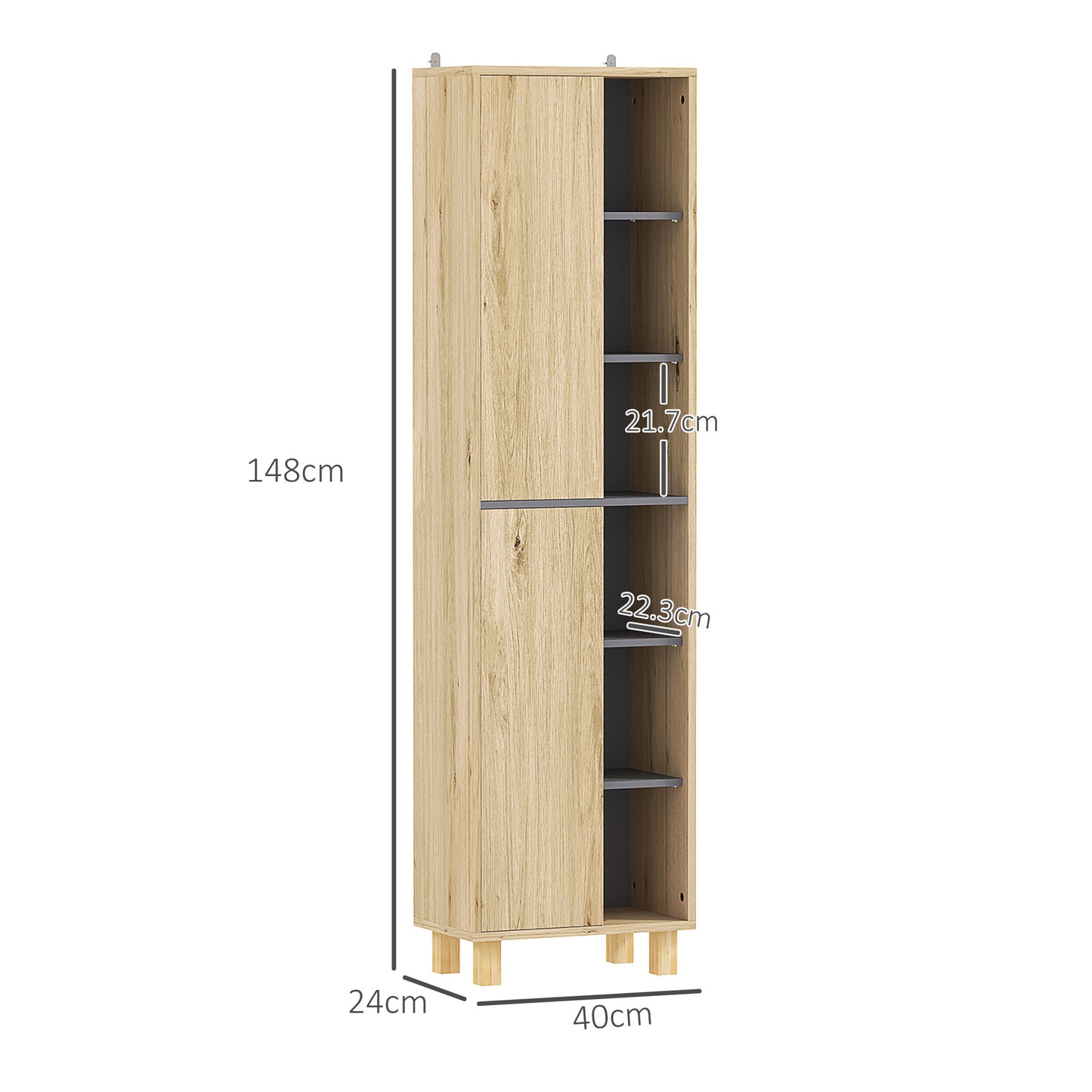 HOMCOM Slim Bathroom Cabinet With Wood Effect Finish 6 Open Shelves And 2 Three Layer Cabinets Anti Tip Straps