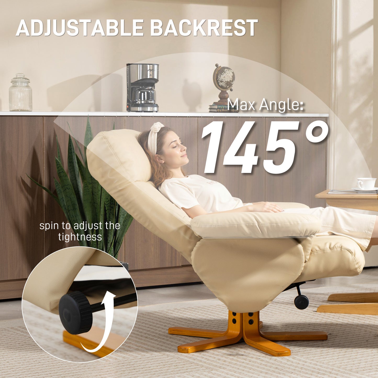 HOMCOM PU Leather Swivel Recliner Chair In Beige With Wooden Base Footstool And Hidden Storage