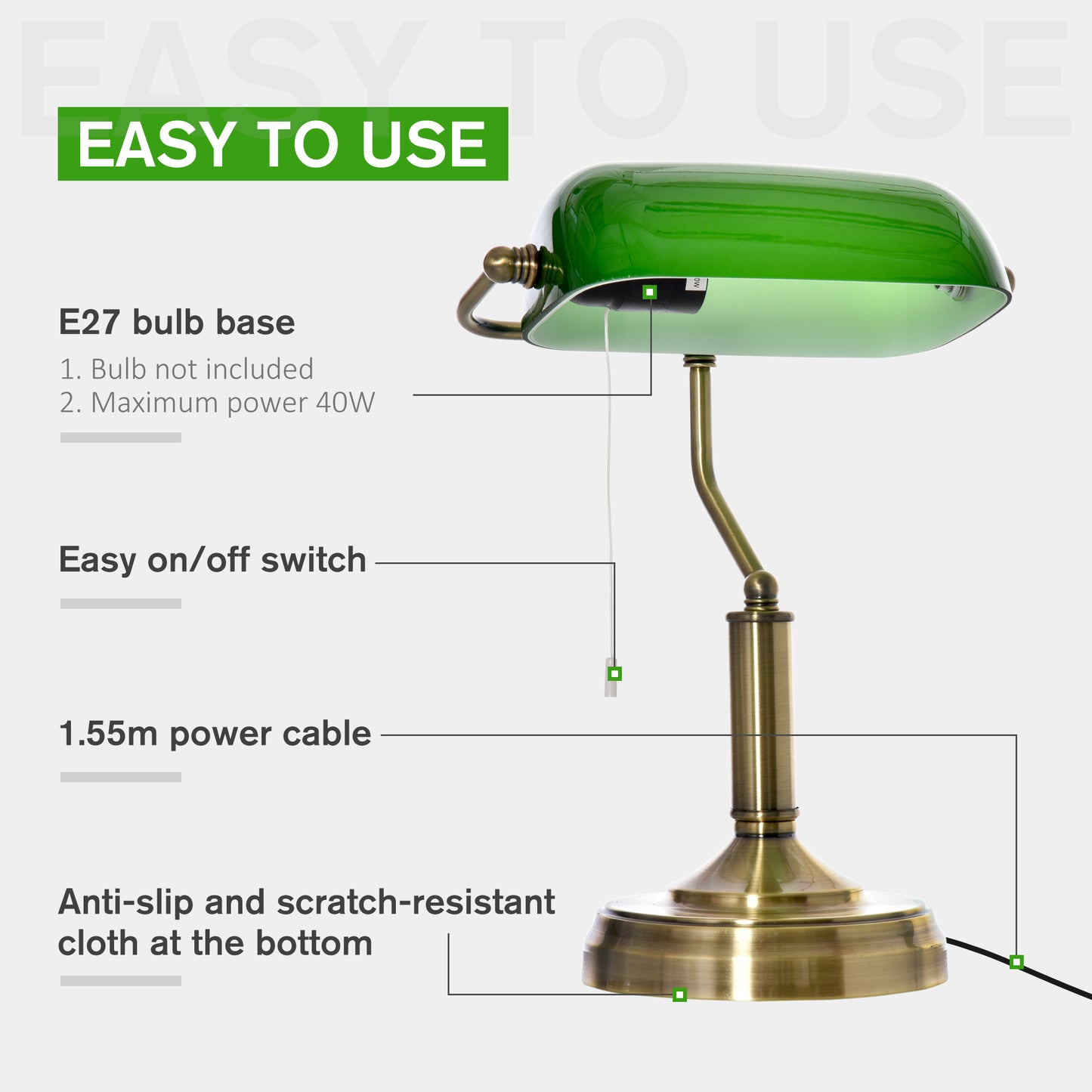 HOMCOM Bankers Table Lamps Set Of 2 With Bronze Base And Green Glass Shades Pull Rope Switch For Living Room