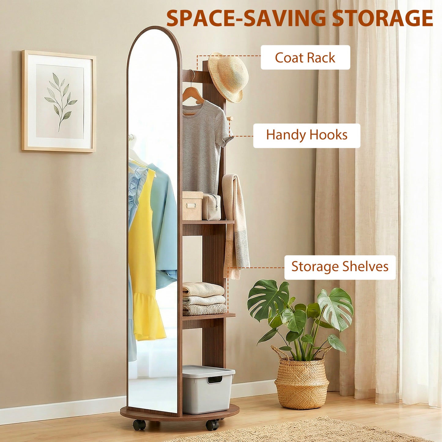 HOMCOM 2 In 1 Full Length Mirror With Storage Shelves Floor Mirror With 4 Wheels Coat Rack And Hooks Brown Wood Effect