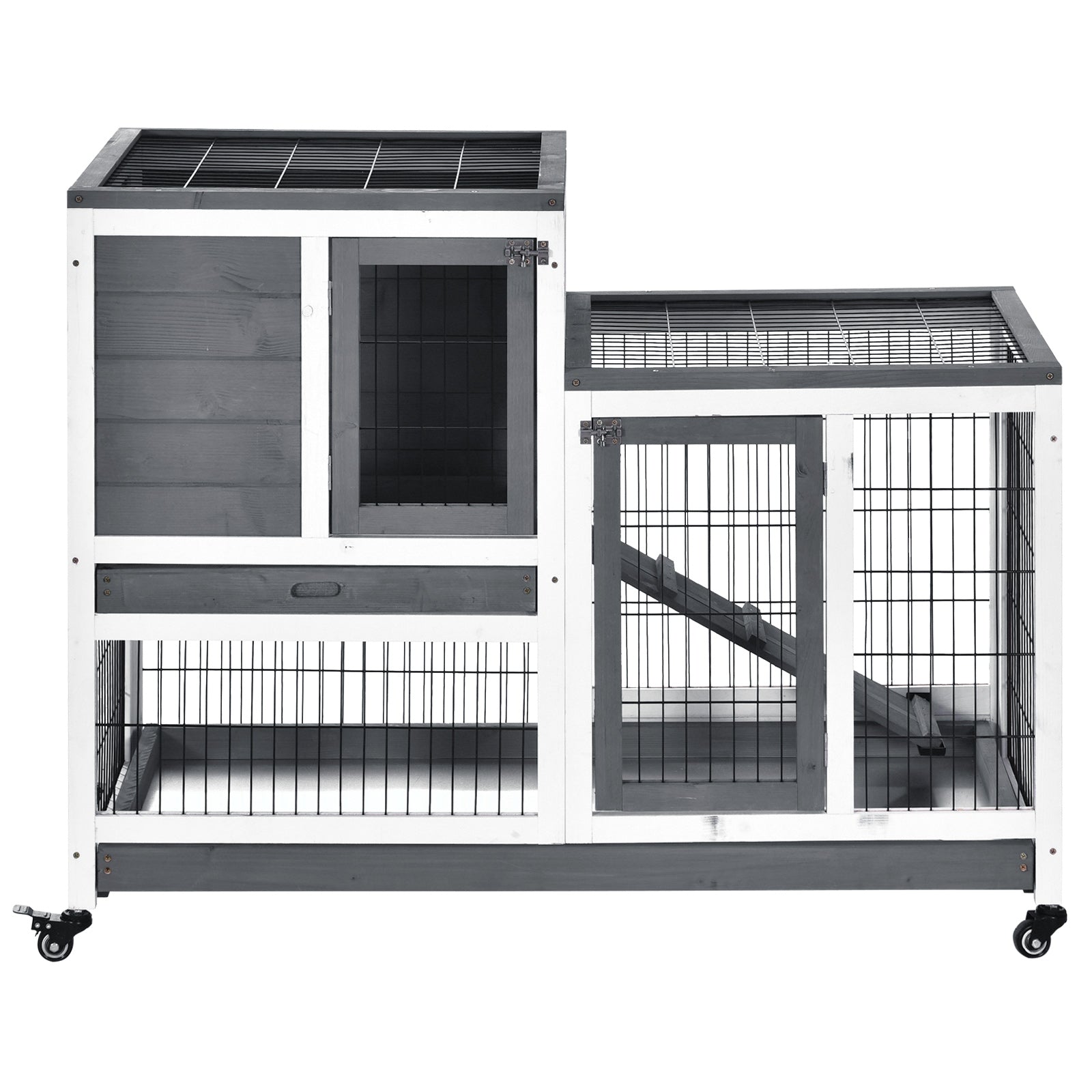 PawHut Elevated Wooden Indoor Cage Habitat for Small Animals with Enclosed Run and Wheels, Grey and White - ALL4U RETAILER LTD