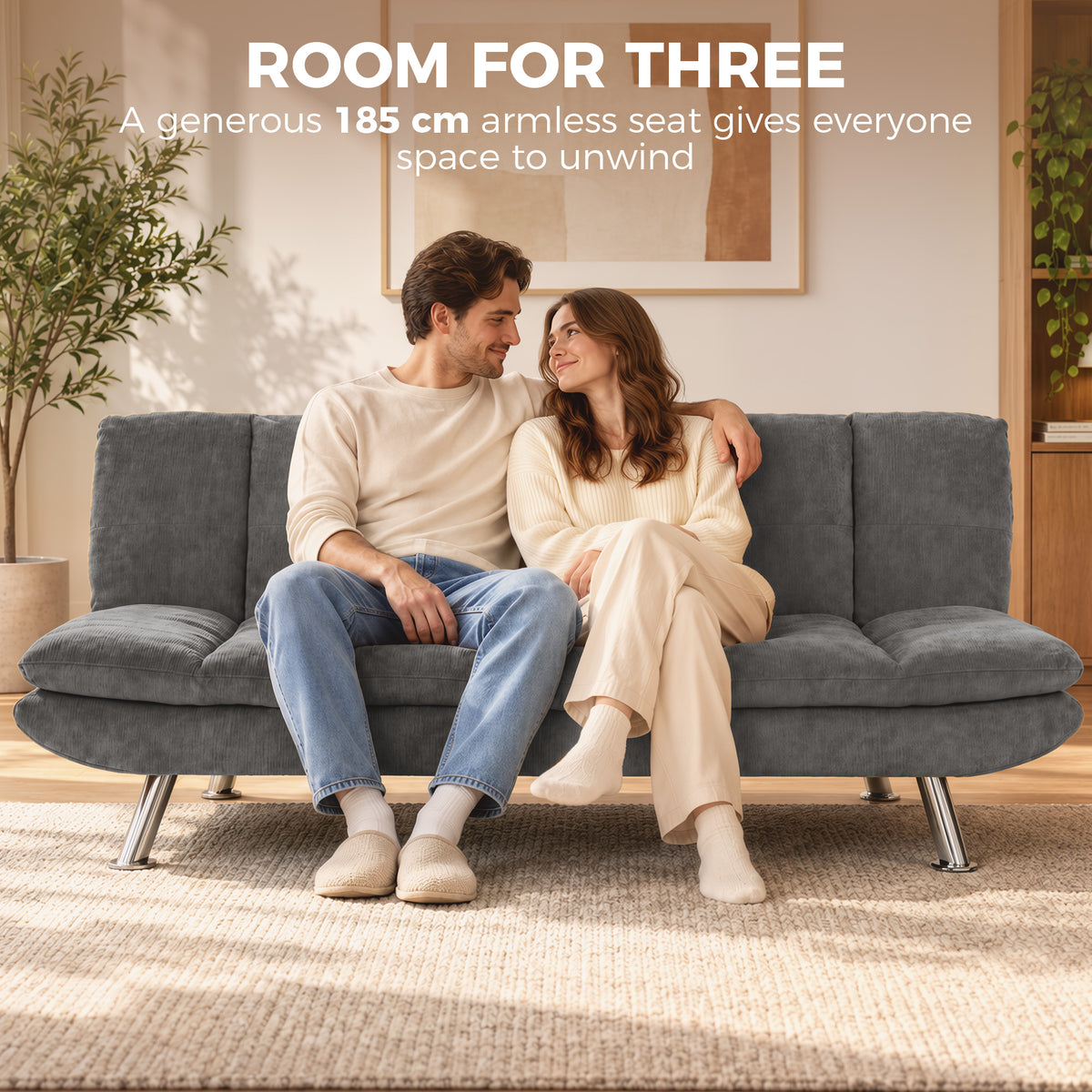 Gray 3-seater convertible sofa bed with adjustable backrest and tufted seat cushions