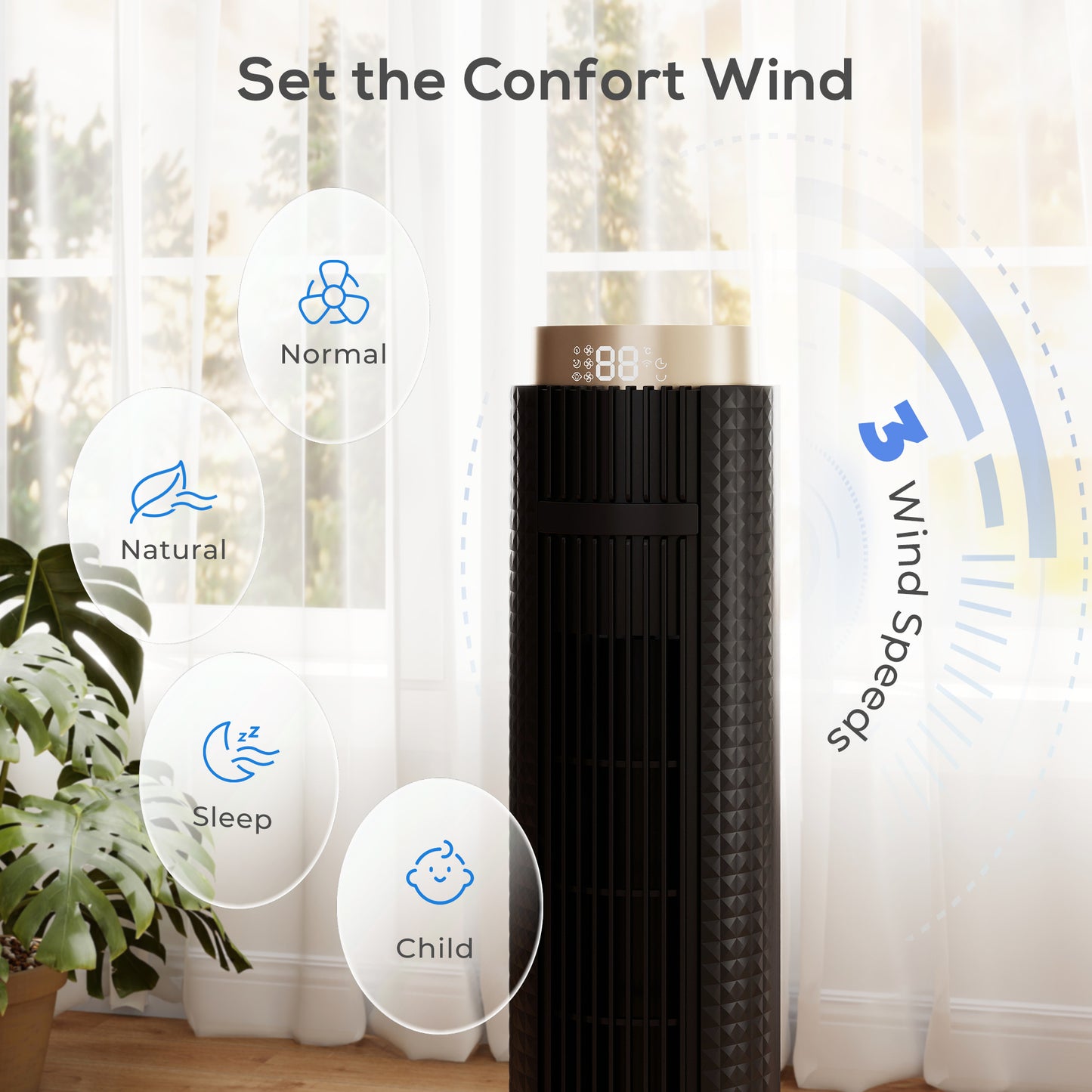 HOMCOM Tower Fan With WiFi App Control Standing Floor Fan 3 Speeds 4 Modes 12 Hour Timer Night Light Black