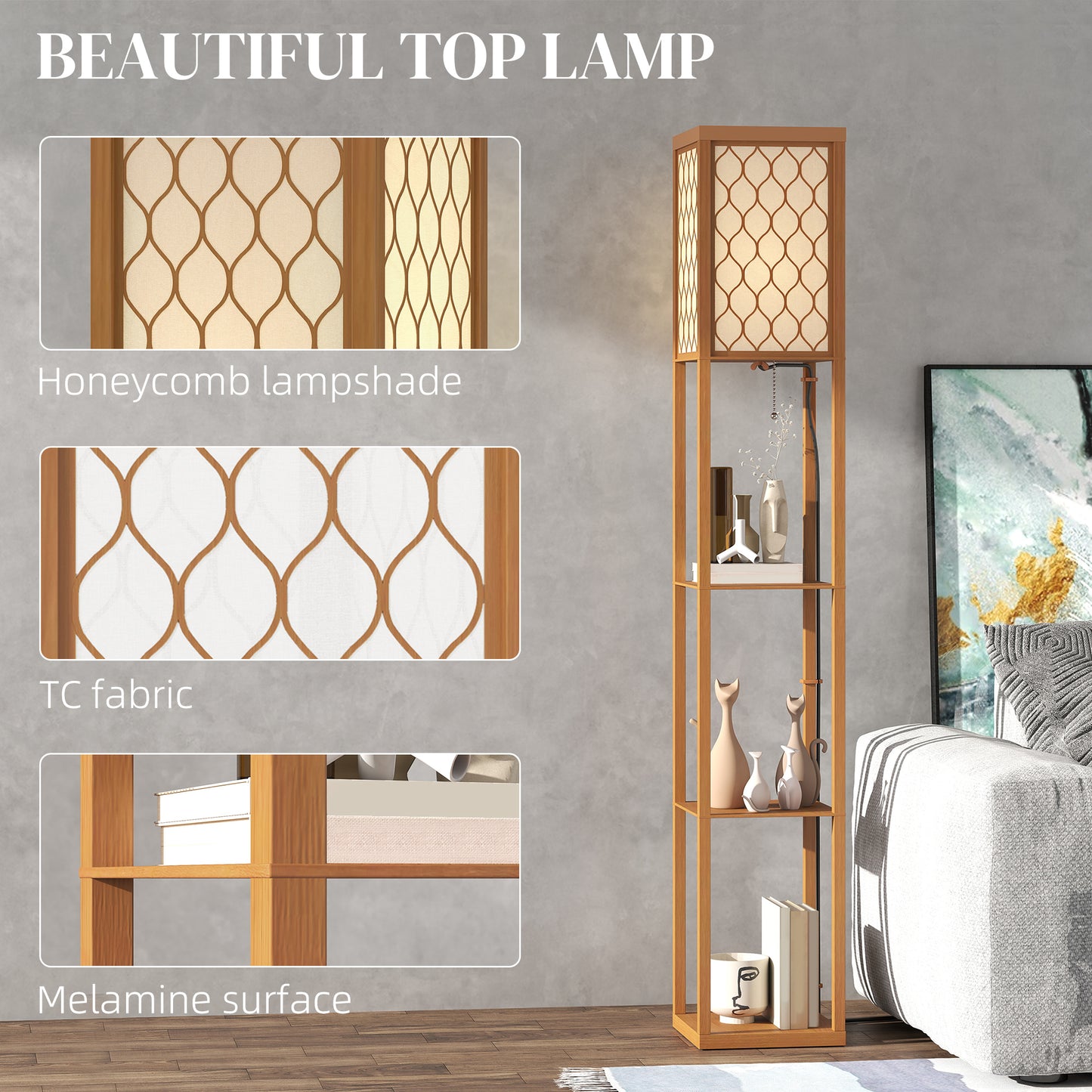HOMCOM Three Shelf Standing Lamp Natural Wood Finish Tall Narrow Design With Overhead Reading Light And Storage