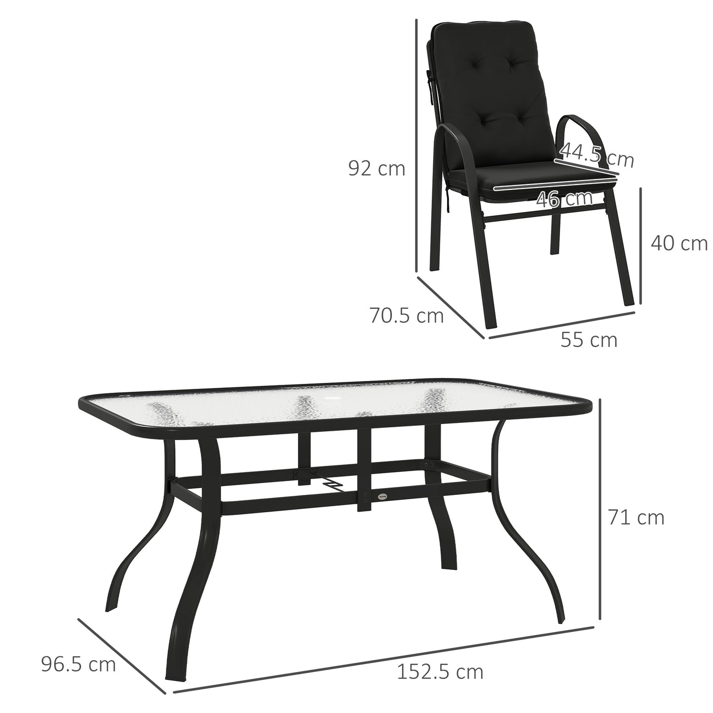 Outsunny Seven Piece Garden Dining Set With Cushions Black Steel Frame And Tempered Glass Table
