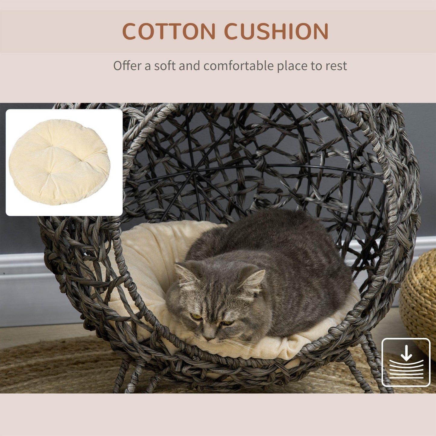 PawHut Silver-Tone and Grey Rattan Elevated Cat Bed - Removable Cushion - ALL4U RETAILER LTD