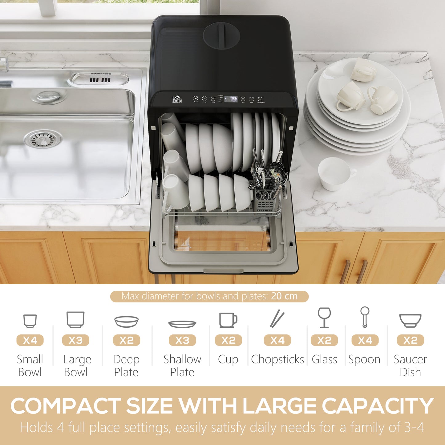 HOMCOM 6L Five Mode Countertop Dishwasher Black 4 Place Settings Normal Rapid Energy Saving Intensive Fruit Wash