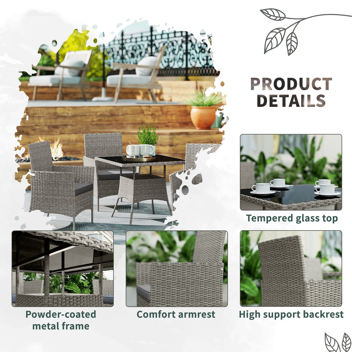 Outsunny Five Piece Rattan Dining Set Light Grey Four Chairs With Glass Table And Cushions