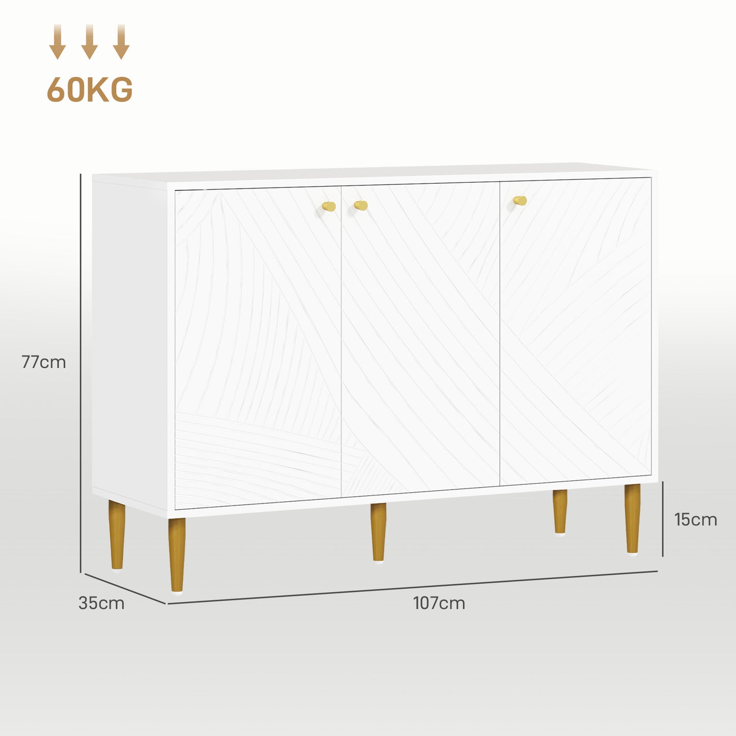 HOMCOM Elegant Two Cupboard Sideboard White Gold Tone With Adjustable Shelves Durable Melamine Finish