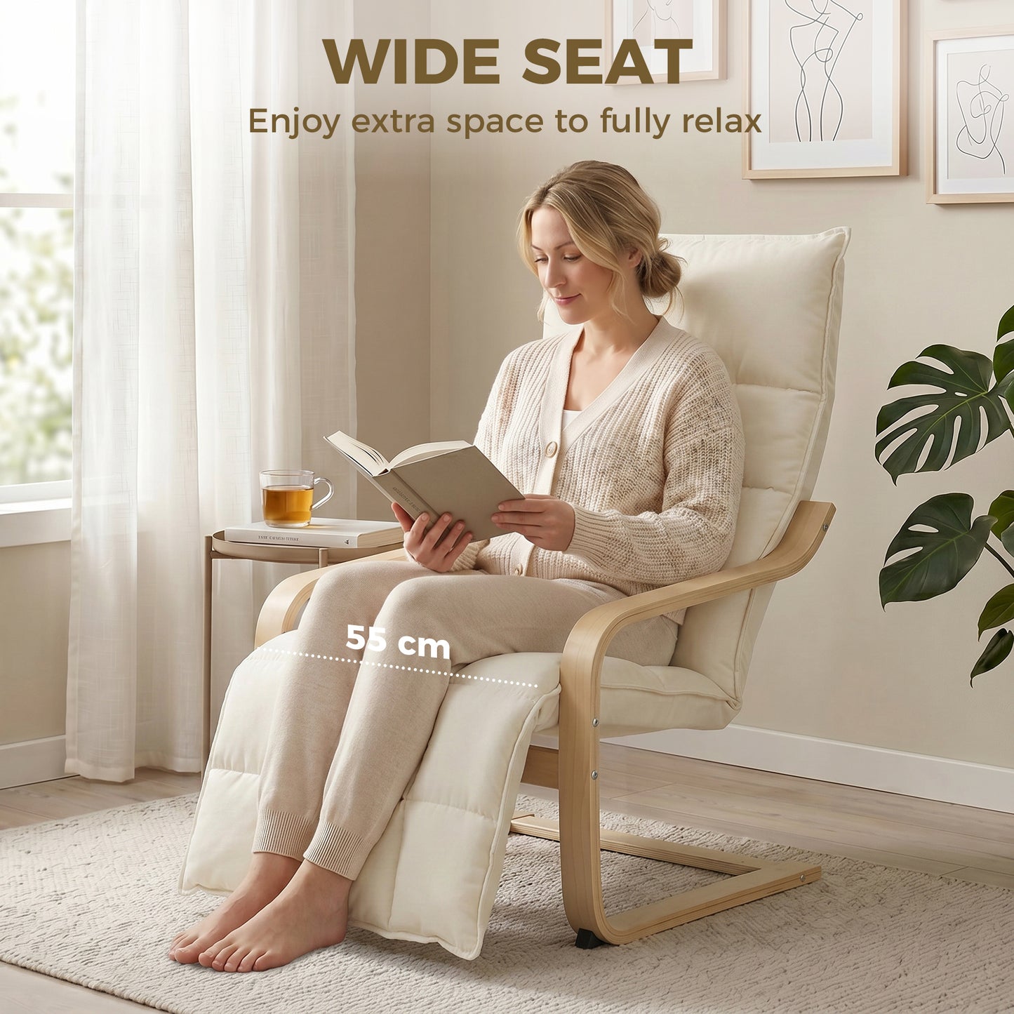 HOMCOM Modern Accent Chair With Built In Footrest Plush Cushion Linen Look Fabric Curved Legs And Arms Cream White