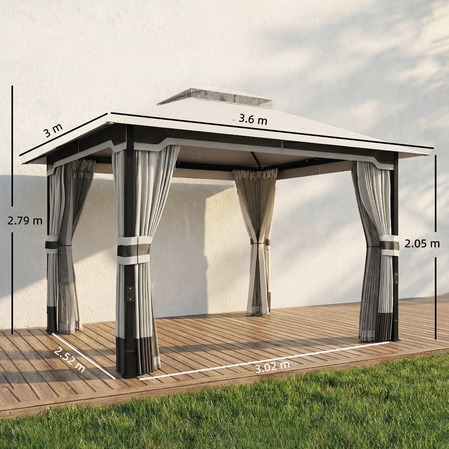Outsunny 3 x 3.6 m Outdoor Garden Gazebo With Netting And Curtains Double Roof Patio Gazebo Light Grey