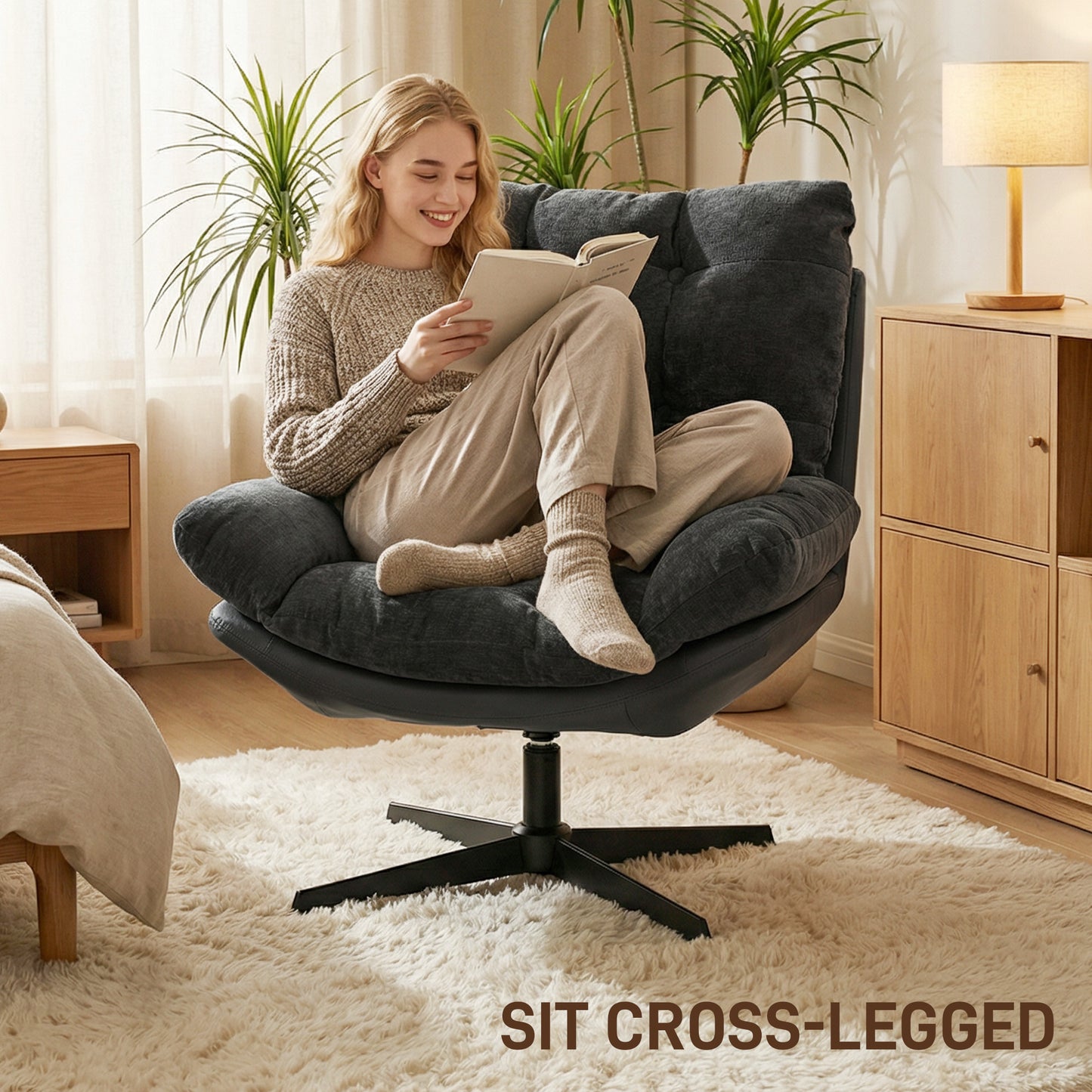 HOMCOM Accent Chair With Footstool Swivel Lounge Chair Chenille Upholstery Metal Base Dark Grey