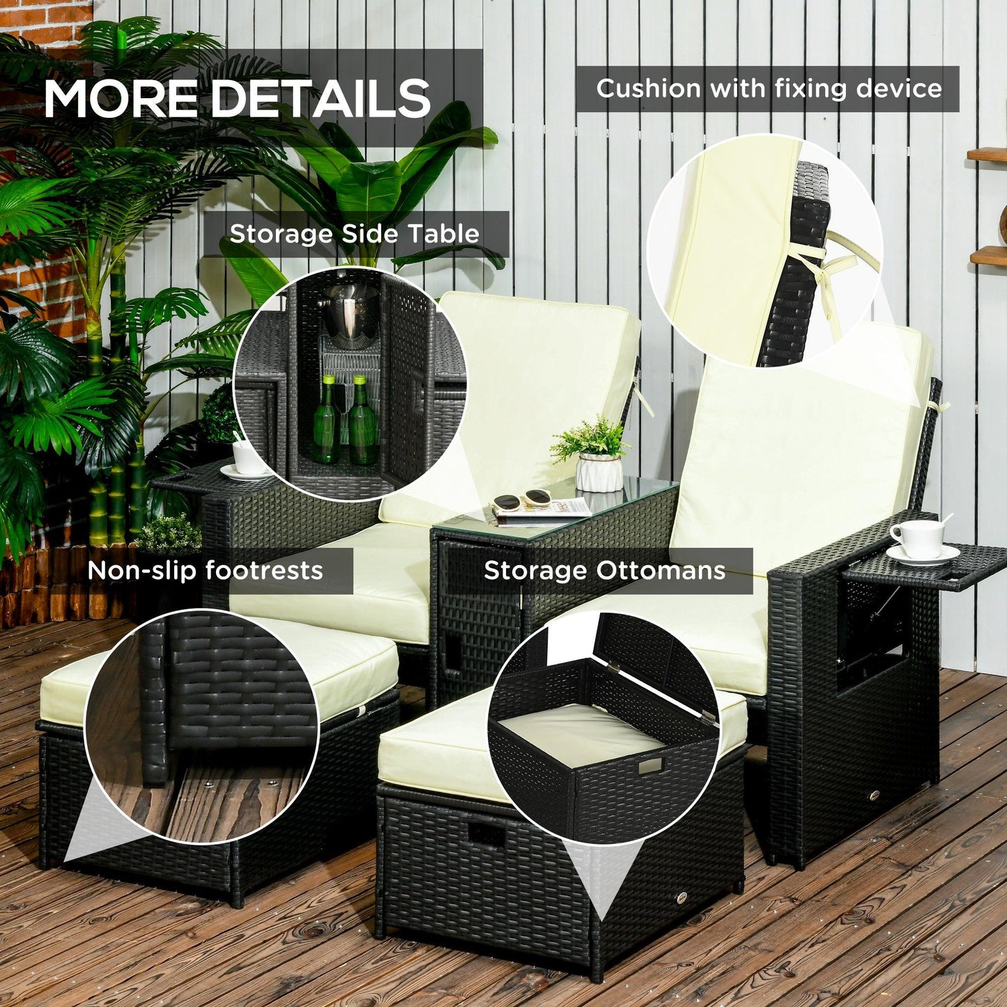 Outsunny Recliner Rattan Sun Lounger w/ Storage Tea Table & Footstools, Balck - ALL4U RETAILER LTD