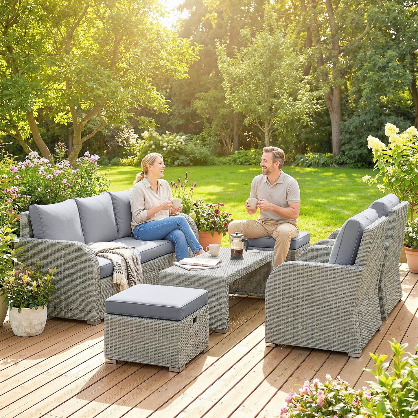Outsunny Six Piece Rattan Garden Furniture Set With Reclining Armchairs Dark Grey