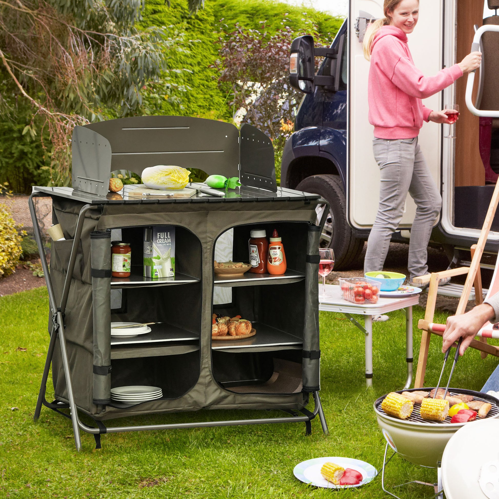 Outsunny Portable Foldable Camping Kitchen Storage Unit with Windshield & 6 Shelves for Outdoor BBQs and Picnics - ALL4U RETAILER LTD