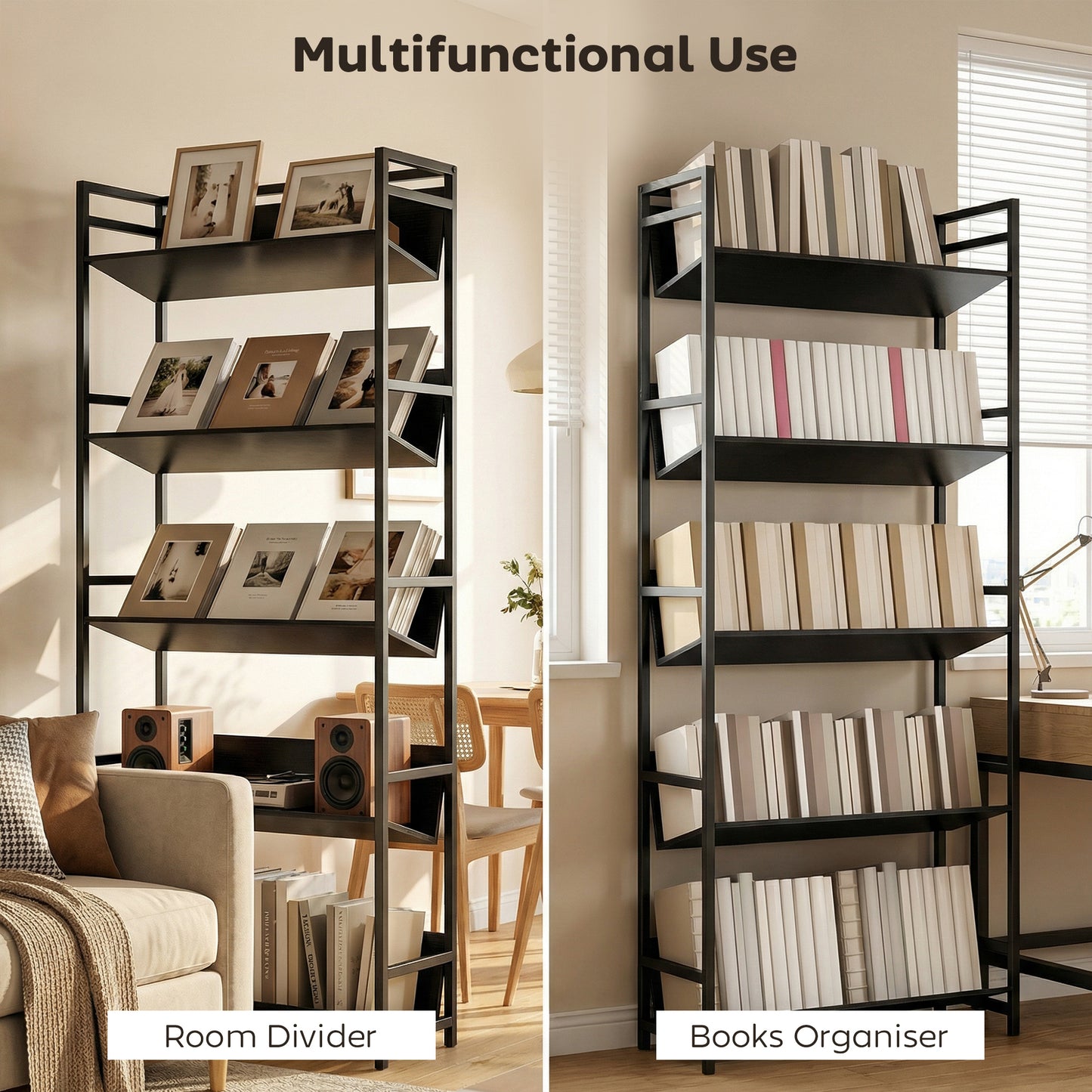 HOMCOM 5 Tier Metal Frame Bookcase Storage Shelves for Living Room Black Ideal for Organizing Books and Decor