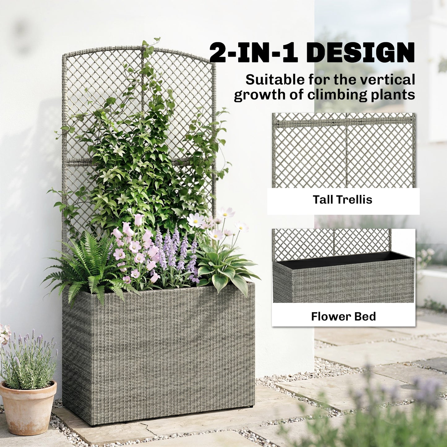 Outsunny Rattan Planter With Trellis Raised Bed Garden Planter Liner For Climbing Plants Vegetables Flowers Dark Grey