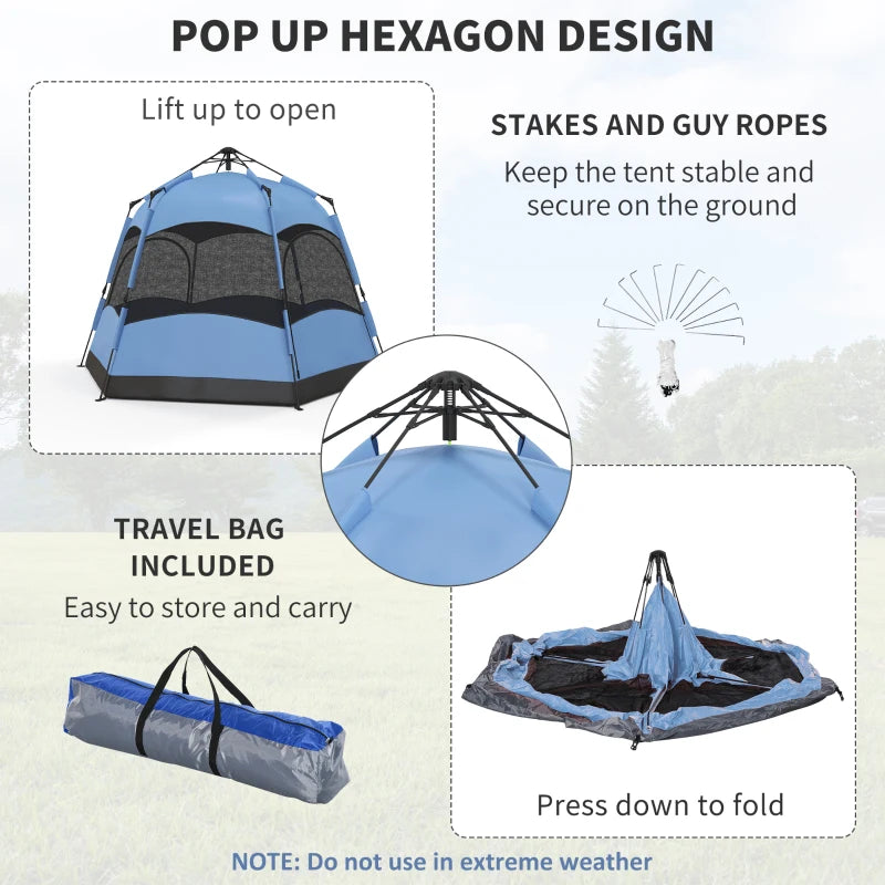 Outsunny 4-Man Hexagon Double Layer Dome Tent with Rainfly and Welded Floor - Portable Camping Shelter for Festival, Hiking, and Family Adventures - Blue and Black - Includes Hang Hook and Ca - ALL4U RETAILER LTD