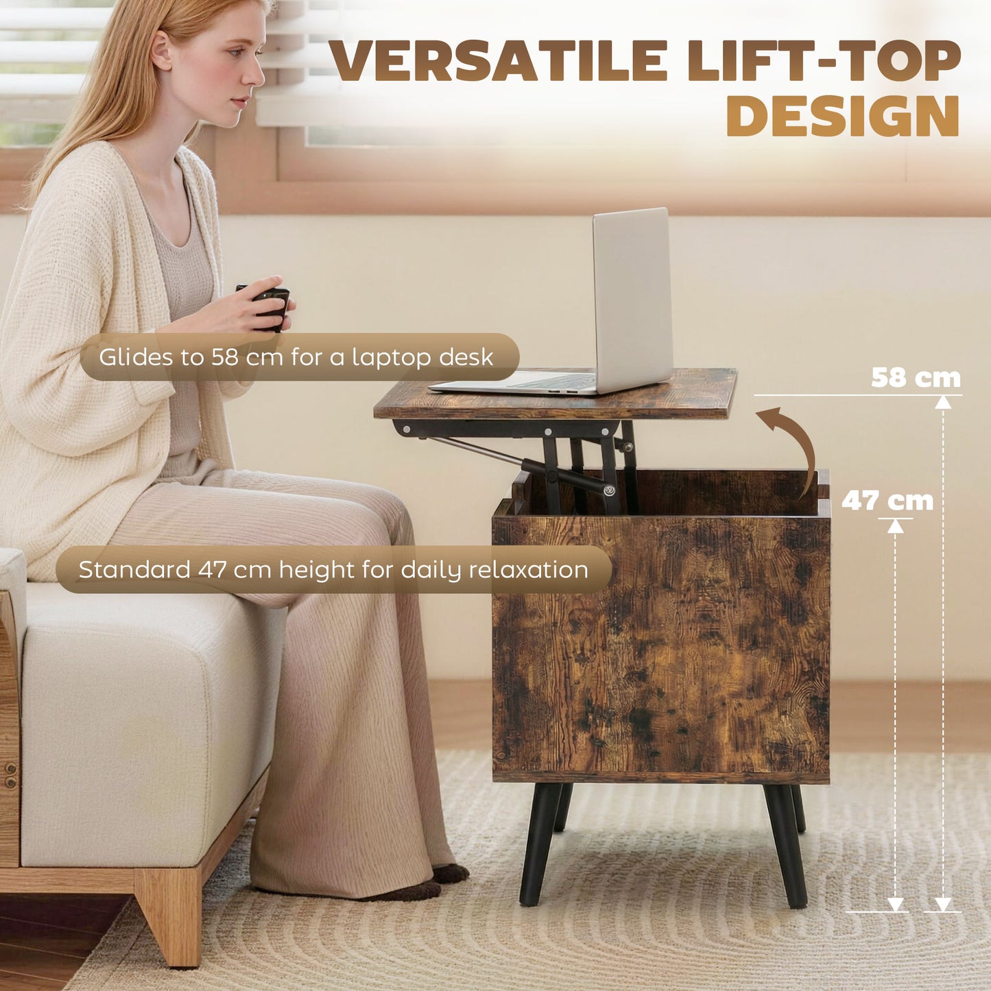 HOMCOM Lift Top Coffee Table With Hidden Storage For Living Room And Metal Legs 75 cm Rustic Brown