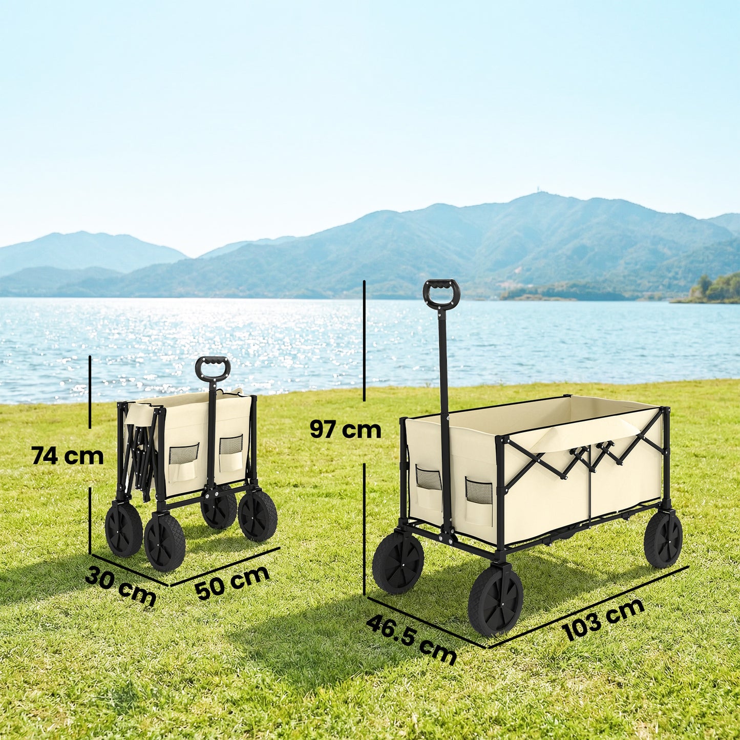 Outsunny 95L Foldable Festival Trolley On Wheels With Adjustable Handle And 2 Cup Holders Khaki