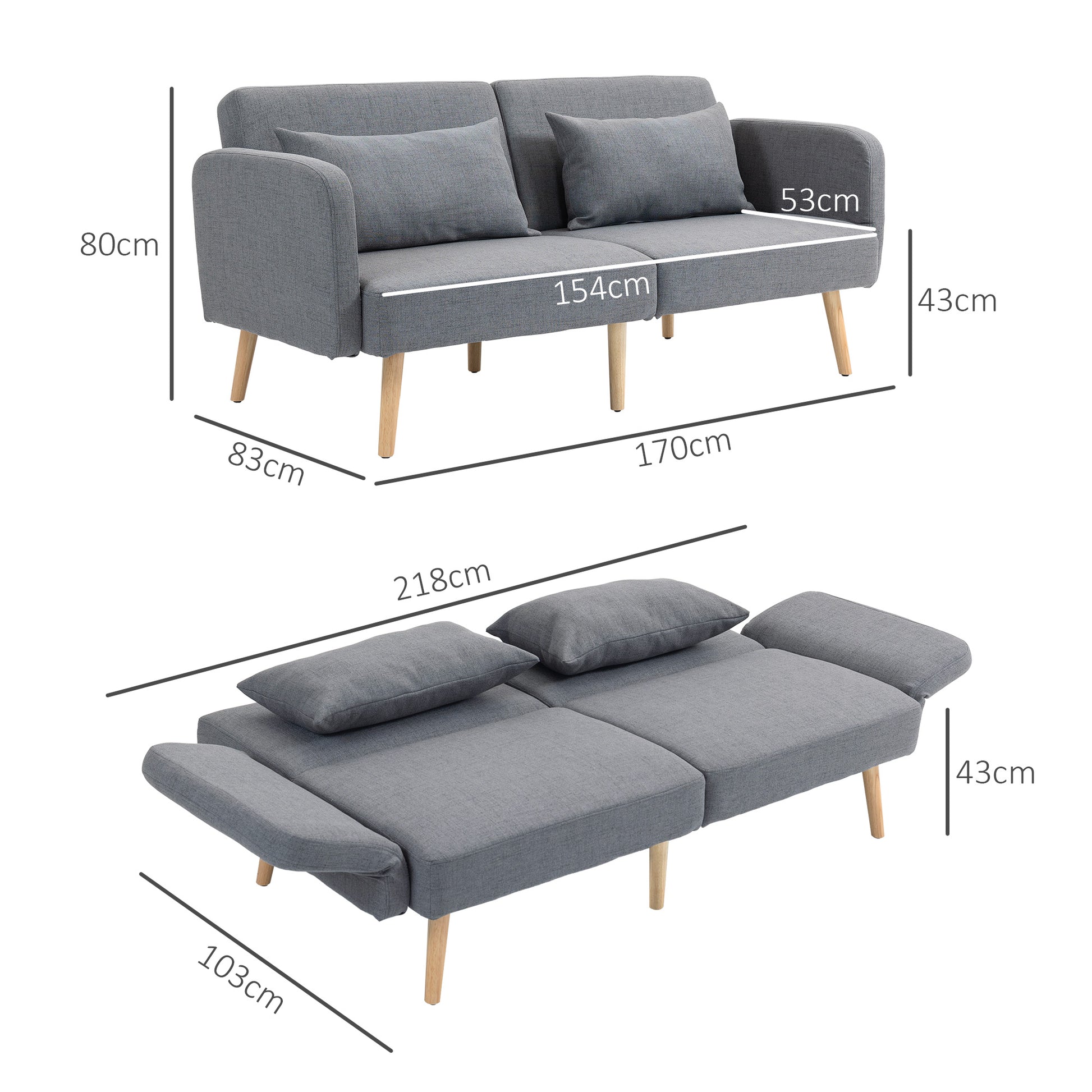 HOMCOM Modern Convertible 3/2 Seater Sofa Bed with Cushions - Stylish Grey Loveseat for Living Room and Guest Room - ALL4U RETAILER LTD