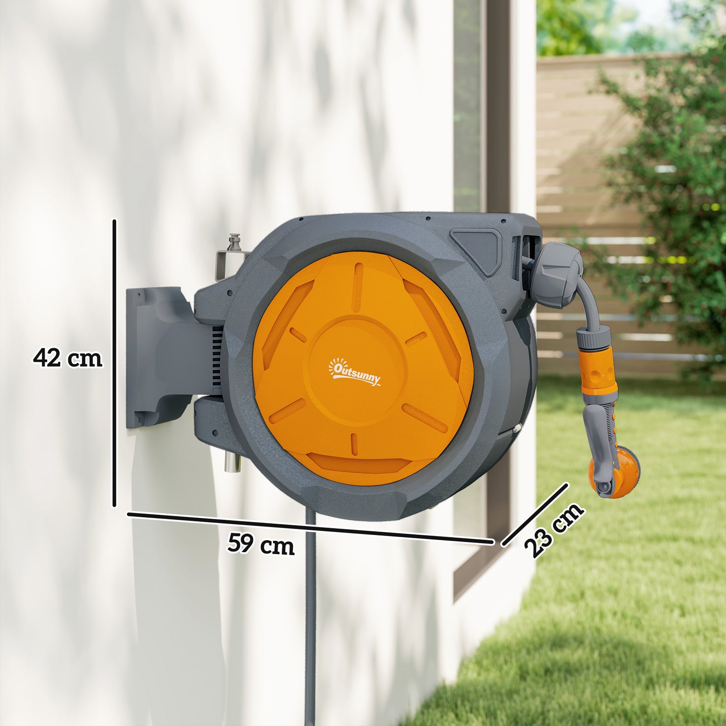 Outsunny Retractable Hose Reel Wall Mounted 32m Hose With Lock Auto Rewind 180 Degree Swivel 7 In 1 Spray Nozzle Orange