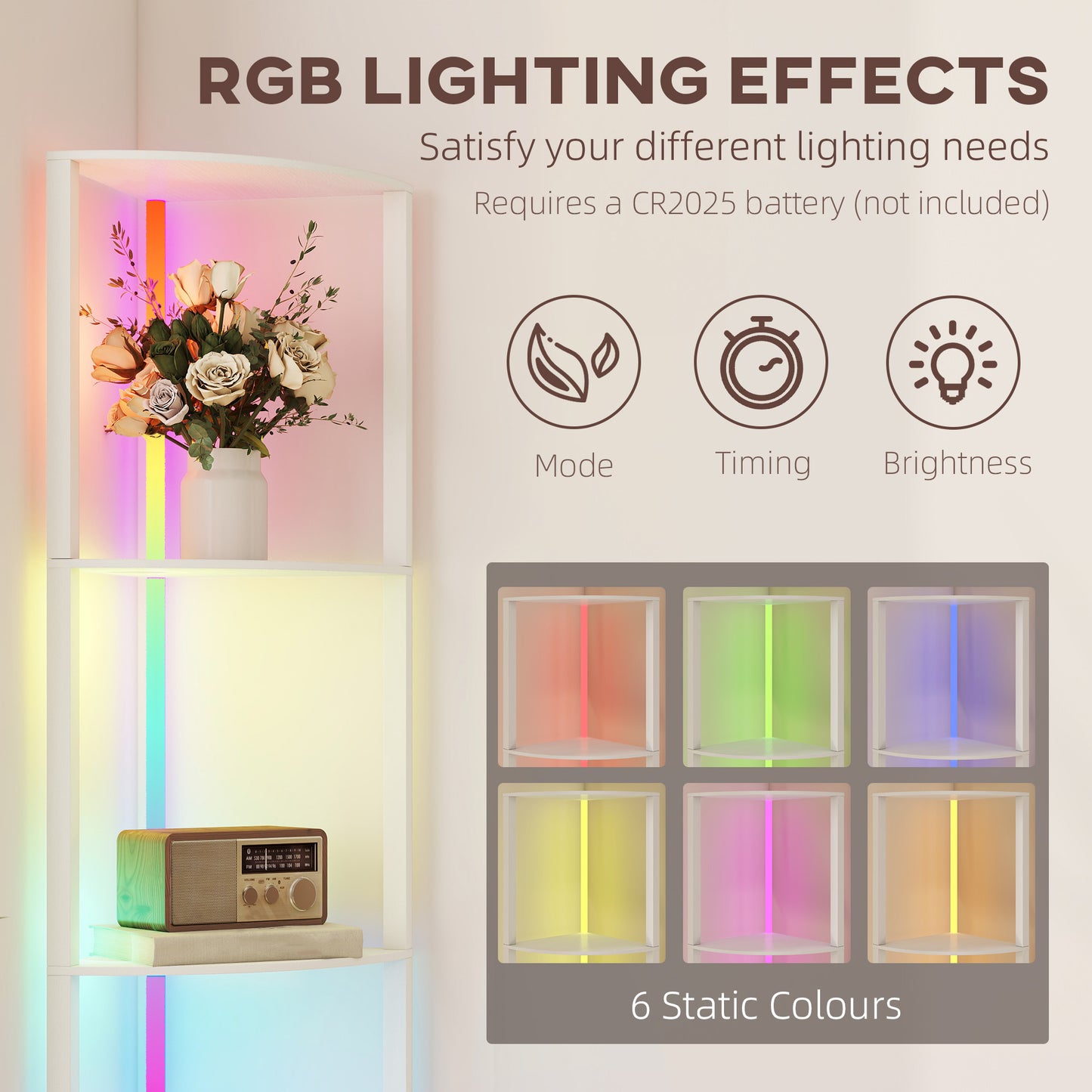 HOMCOM RGB LED Floor Lamp With Shelves 5 Tier Corner Display Shelf Unit For Living Room Bedroom Office White