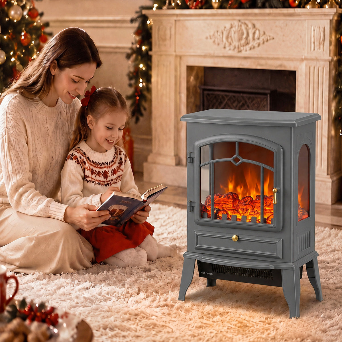 HOMCOM 3 Sided Electric Fireplace Heater with 3D Flame Log and Thermostat Grey