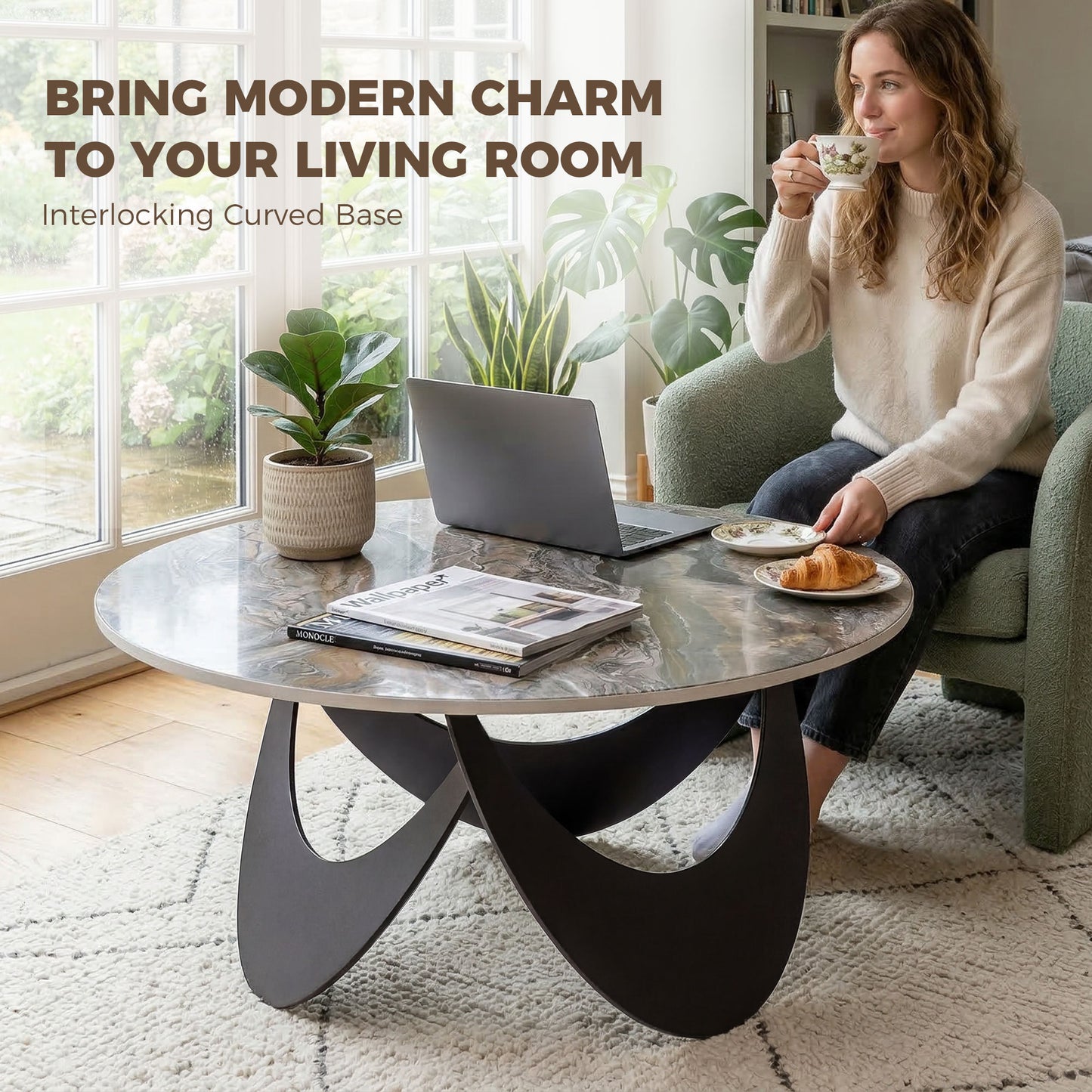 HOMCOM Coffee Table With Sintered Stone Top Adjustable Foot Pads Modern Centre Table For Living Room Brown And Black