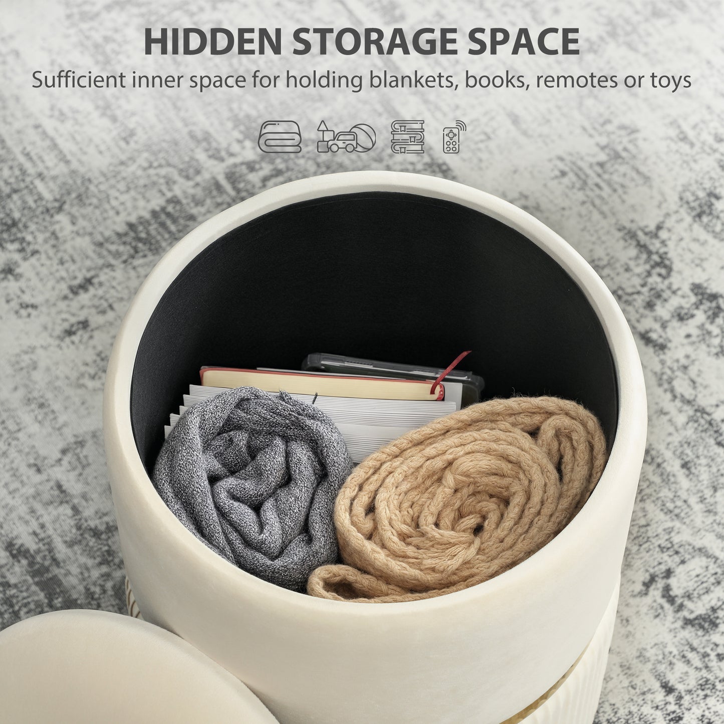 HOMCOM Velvet Upholstered Round Storage Ottoman With Removable Top Padded Seat And Hidden Storage Beige