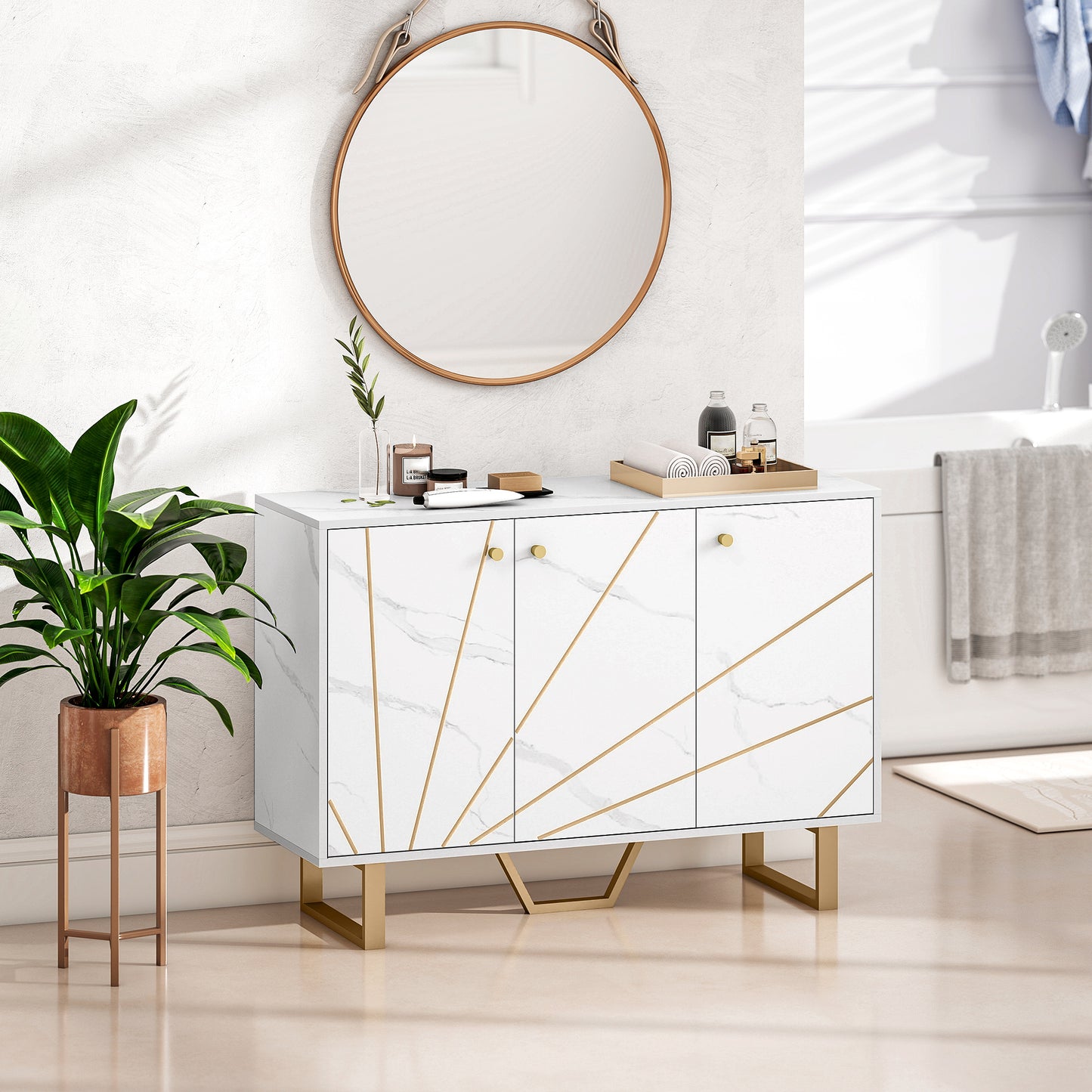 HOMCOM White Marble Tone Sideboard Cabinet With Adjustable Shelves And Metal Legs For Living Room Kitchen Dining Hallway
