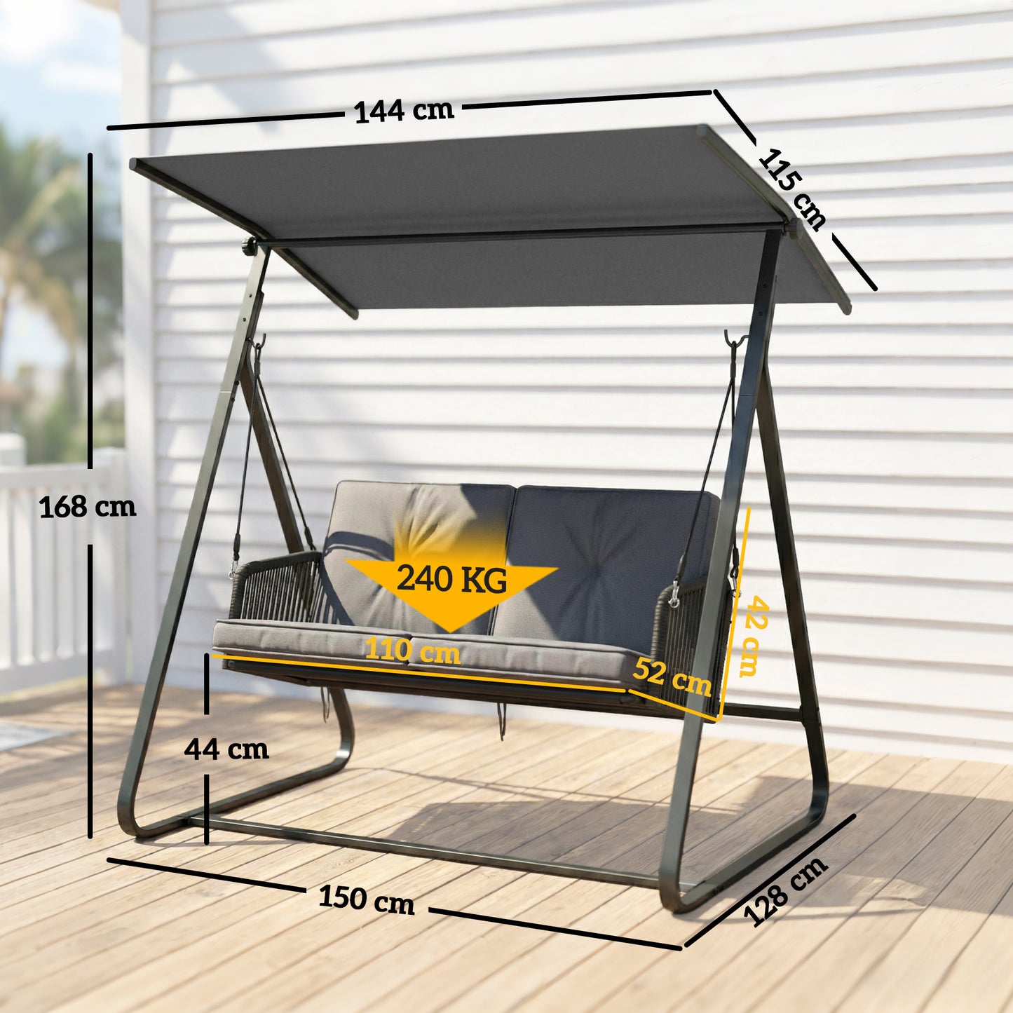 Outsunny 2-Seater Rattan Hanging Swing Chair For Outdoor Garden With Stand Adjustable Canopy And Cushions