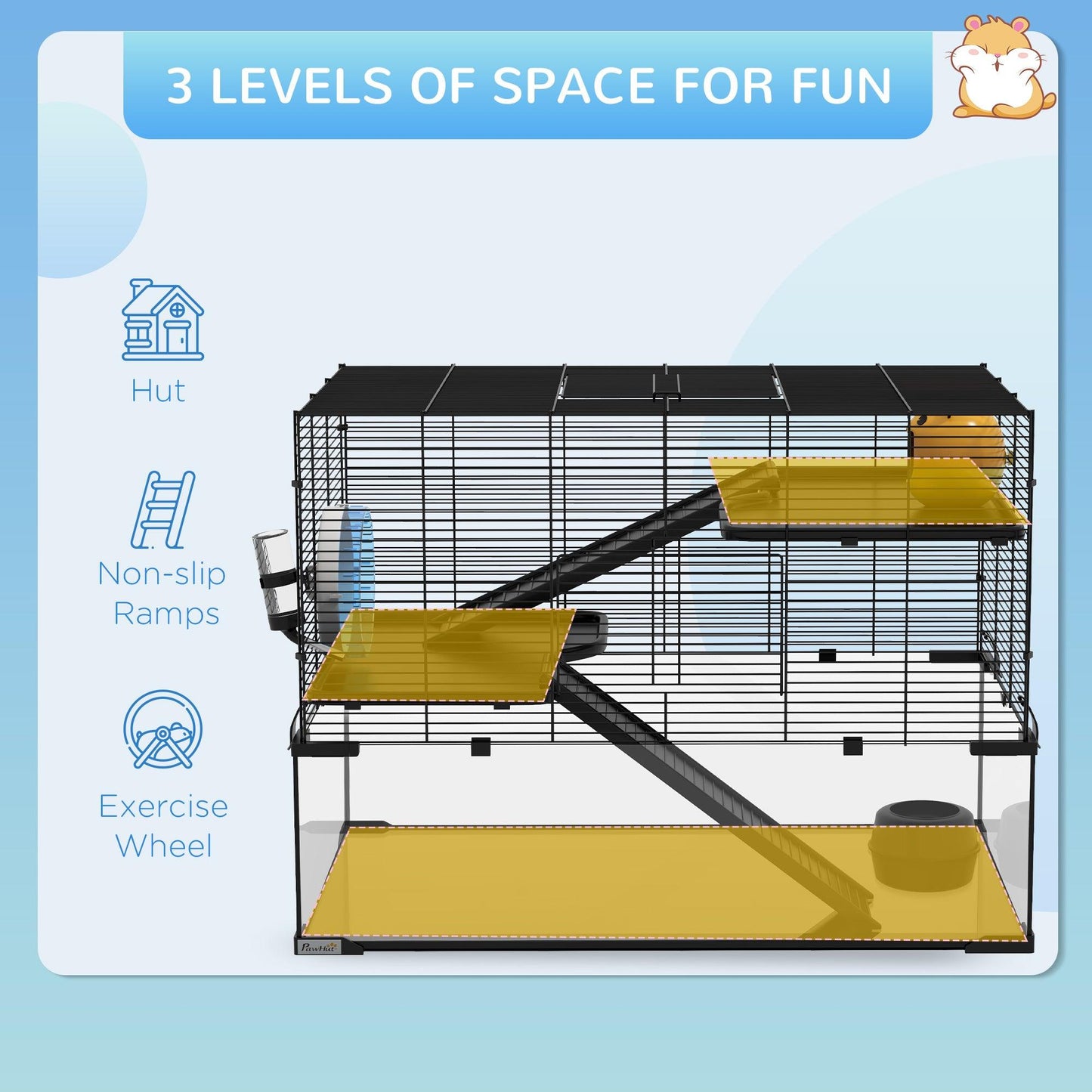 PawHut 3-Tier Hamster Cage with Glass Bottom and Accessories - ALL4U RETAILER LTD