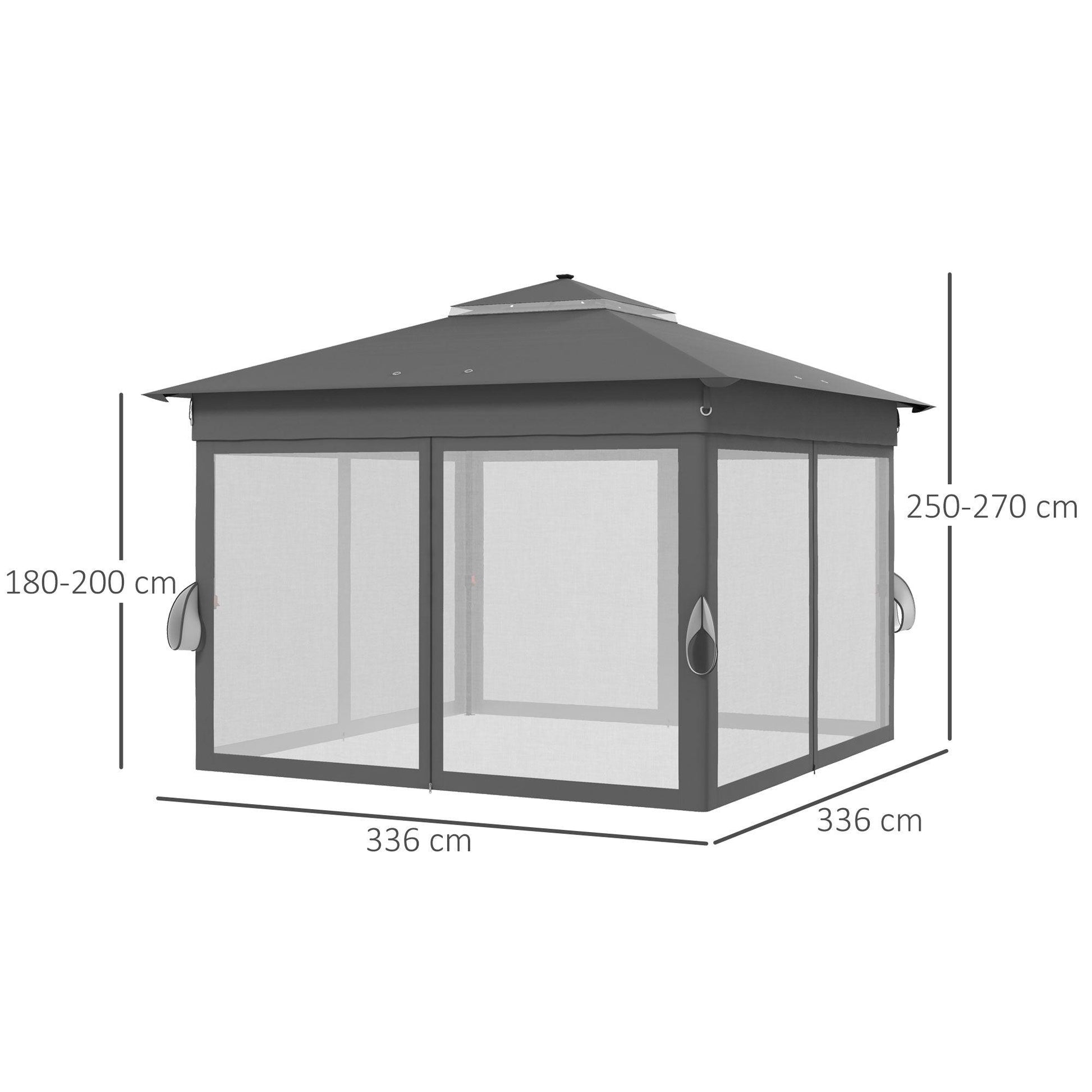 Outsunny 3 x 3(m) Pop Up Gazebo Party Tent with Solar-Powered LED Lights, Adjustable Event Shelter with Curtain, Netting, Grey - ALL4U RETAILER LTD