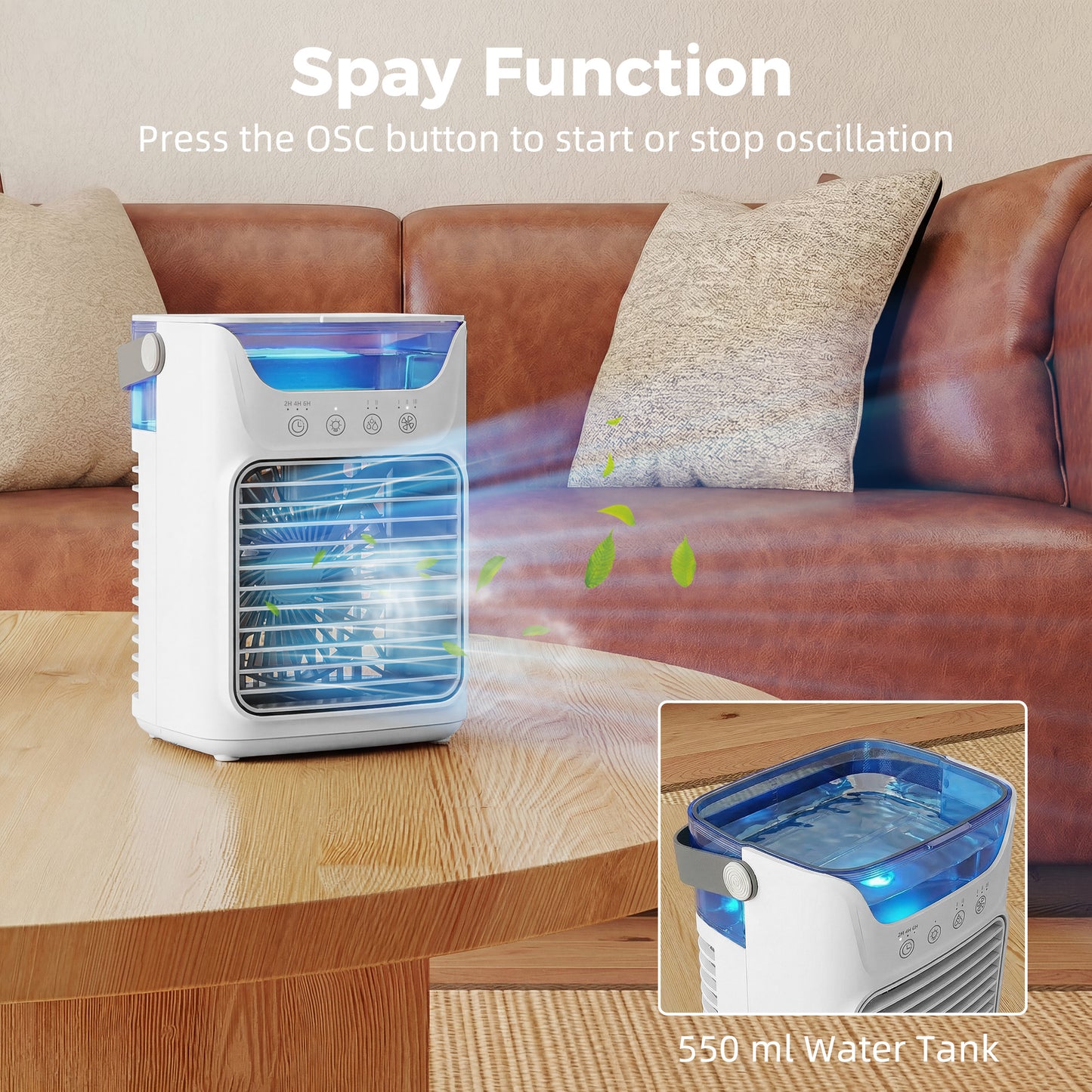 HOMCOM Air Cooler With Adjustable Head Portable Air Conditioner 3 Wind Speeds 2 Cool Mist Settings RGB Light White