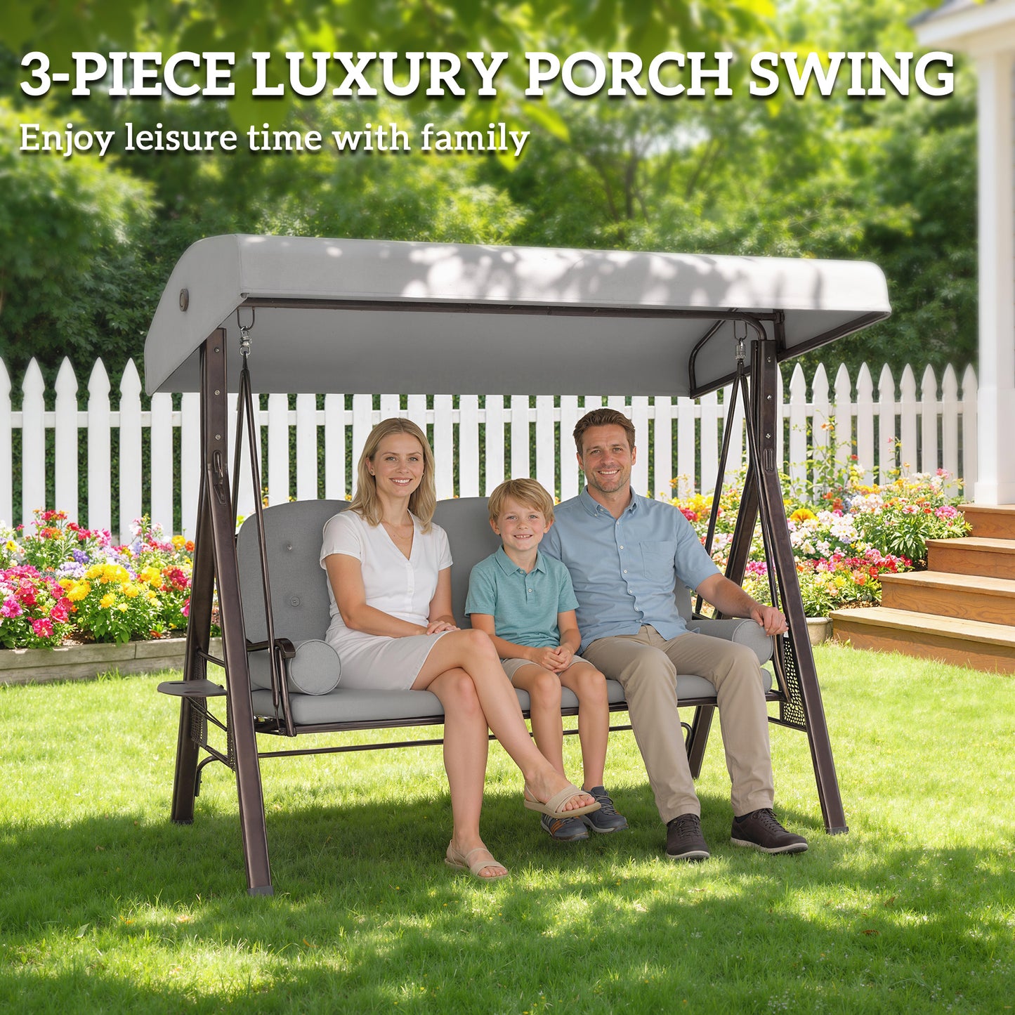 Outsunny Three Seater Canopy Swing Chair Garden With Adjustable Canopy Cushions Cup Trays Steel Frame Light Grey