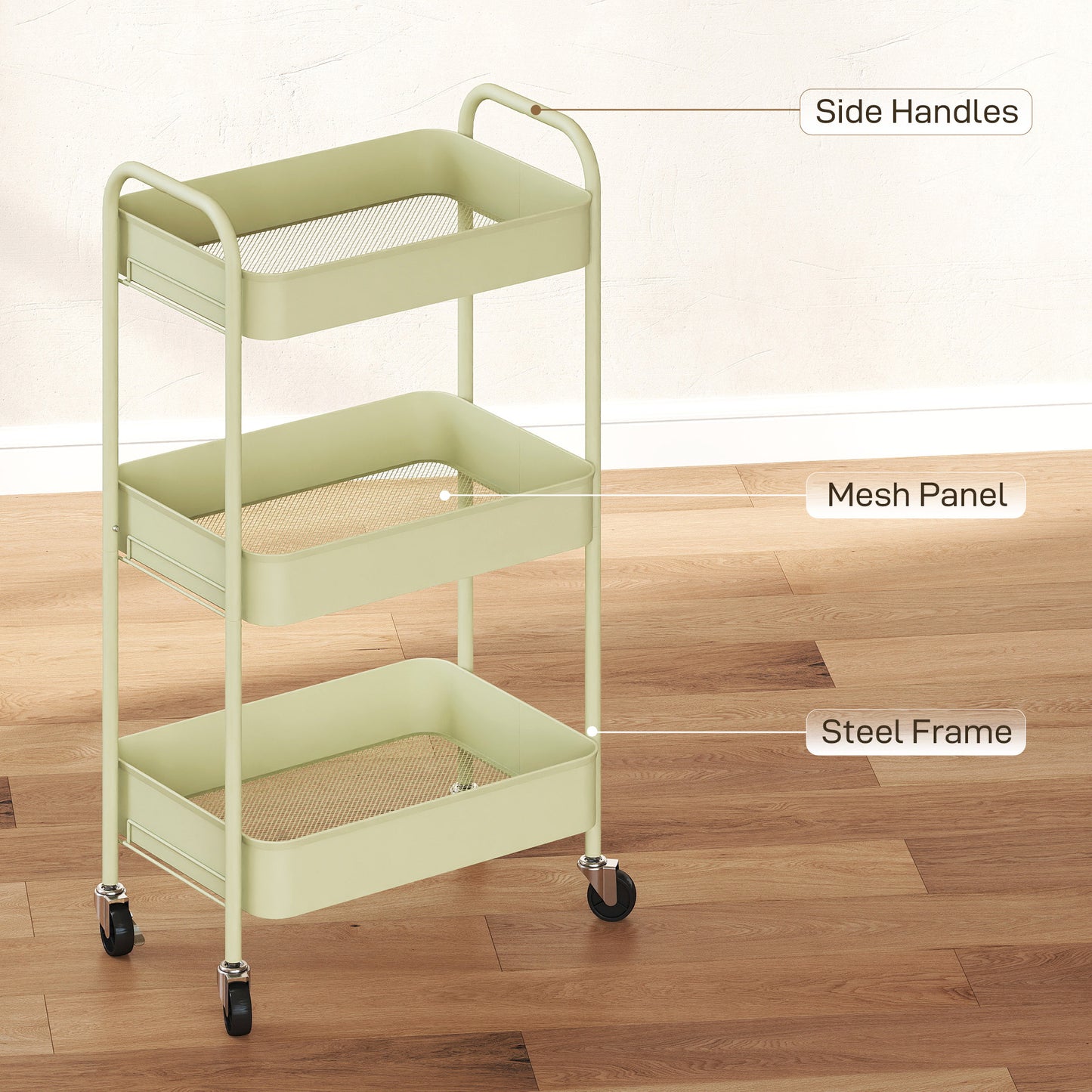HOMCOM Three Tier Steel Storage Trolley Green Rolling Cart with Small Medium Large Baskets for Home Organization